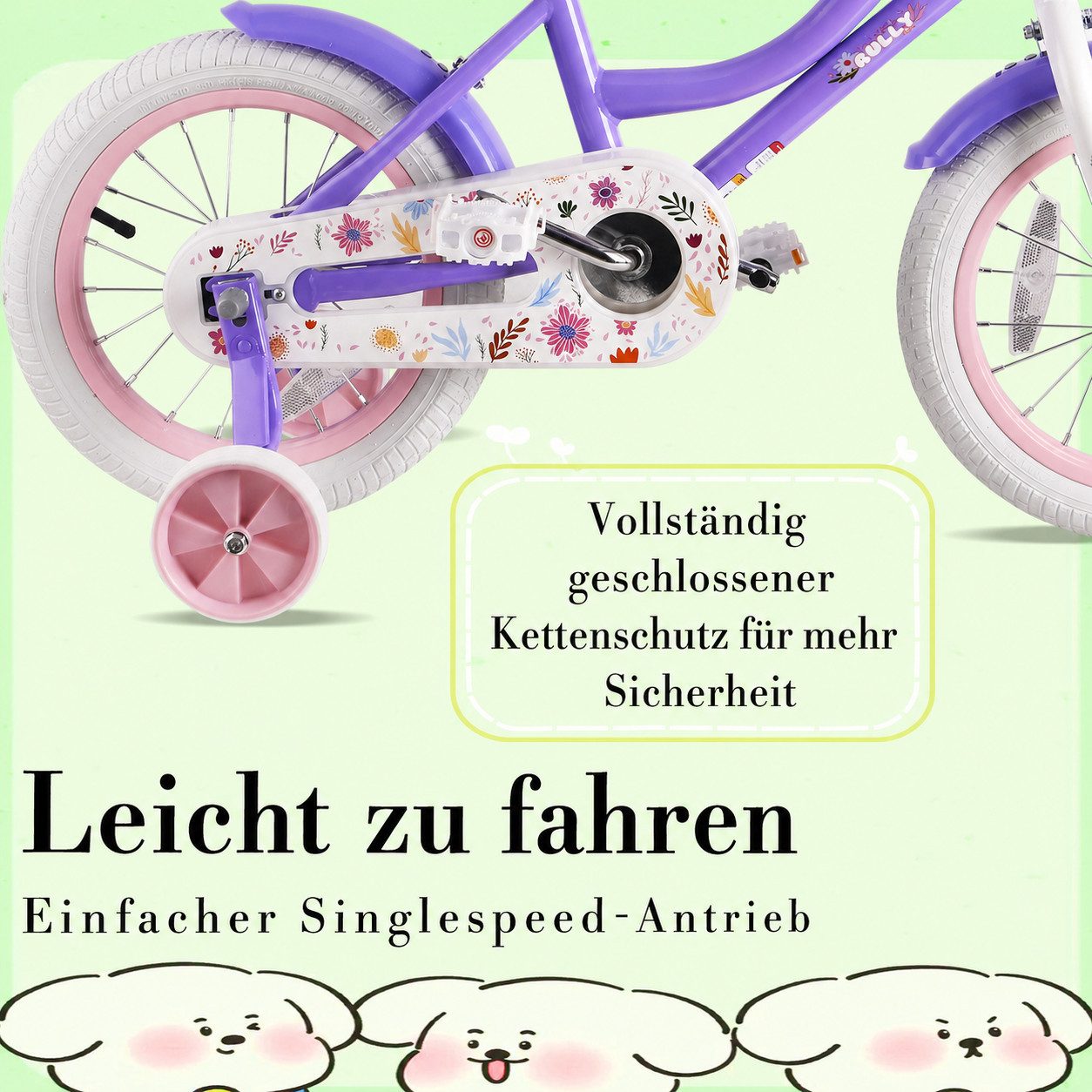 Vankel Kinderfahrrad 12/14/16/18 Zoll mit Stützrädern, 1 Gang, Mit Korb, Puppensitz & Kettenschutz