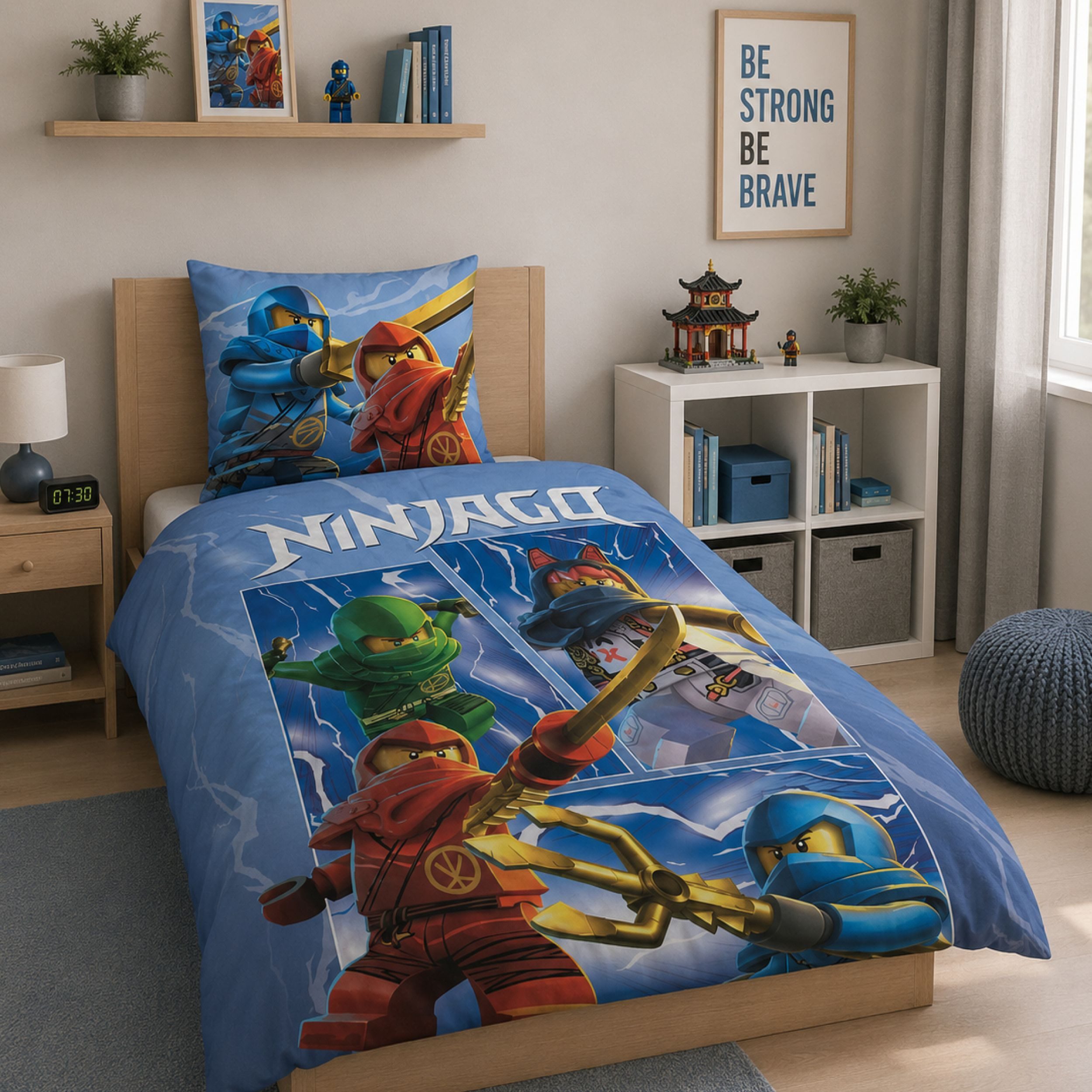 Familando Kinderbettwäsche Lego Ninjago Blau mit Lloyd Jay Kai uvm. aus 100% Baumwolle, Renforcé, 2 teilig, 135x200 80x80cm mit Reißverschluss; Wendebettwäsche