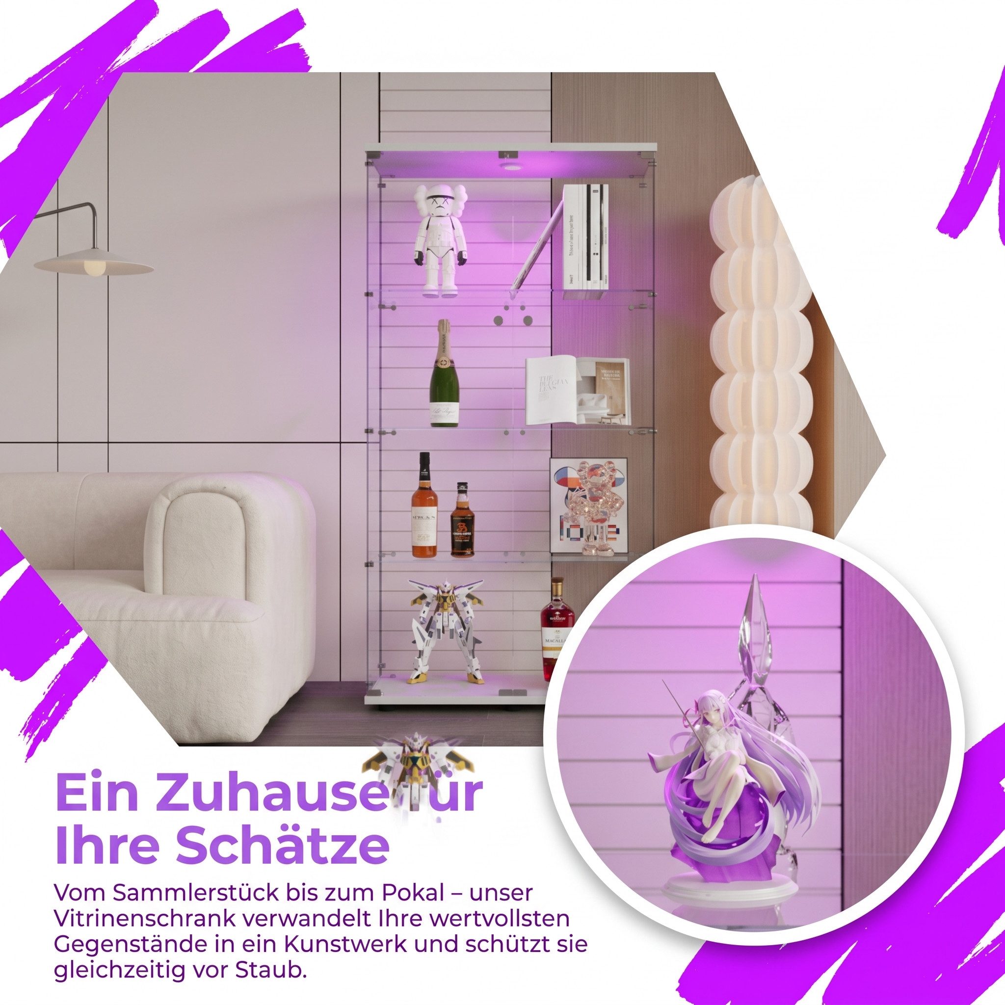 NMCXXO Glasvitrine Glasvitrine mit LED-Beleuchtung, modern und stilvoll (1 tlg) Standvitrine/Glasvitrine 2x Glastür 4-lagig, Große Kapazität