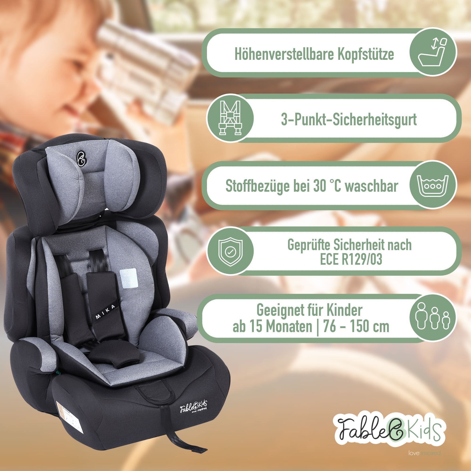 FableKids Autokindersitz Sitzerhöhung i-Size 76–150 cm, vorwärtsgerichtet, 3-Punkt-Gurt, ab: 15 Monaten, bis: 12 Jahre, Pflegeleicht: Bezug abnehmbar und waschbar