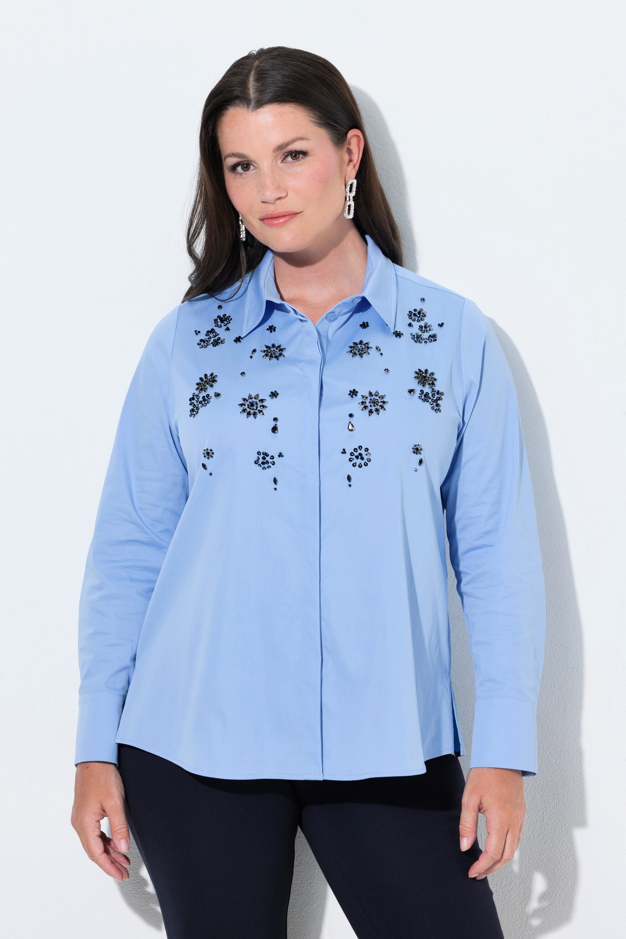 Ulla Popken Hemdbluse Bluse Ziersteine Pailletten Hemdkragen Langarm