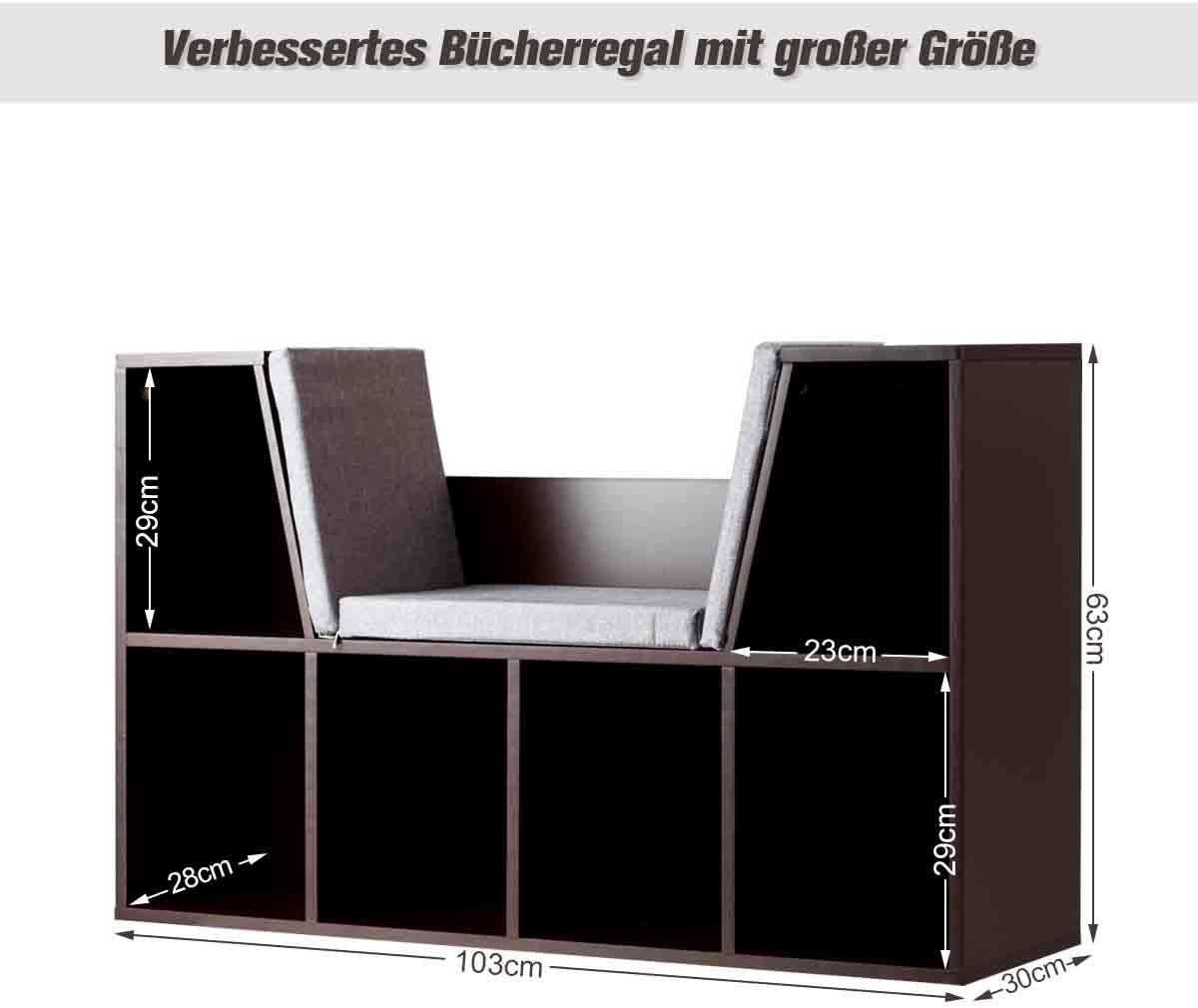 aus Sitzkissen mit Sitzbank, KOMFOTTEU braun Holz, mit Bücherschrank, Bücherregal