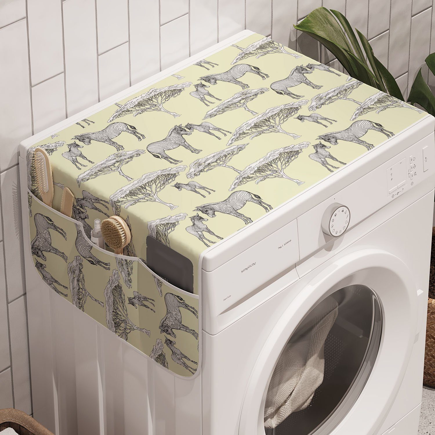 Abakuhaus Badorganizer Anti-Rutsch-Stoffabdeckung für Waschmaschine und Trockner, Safari Zebras und Bäume Muster
