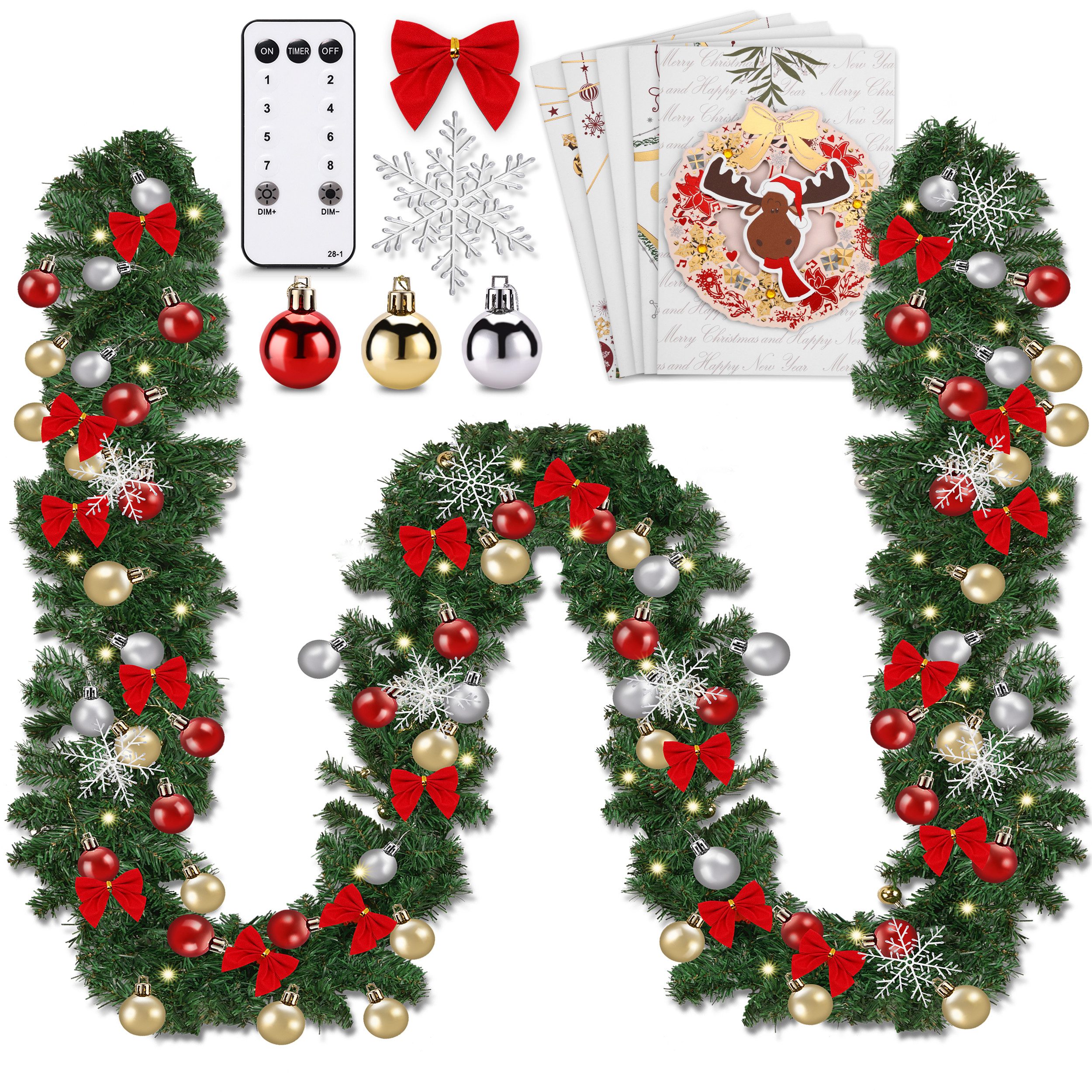 Kunstgirlande Weihnachtsgirlande mit Licht 5m 10m mit 200 LEDs, Onbest, Eiskristalle, Schleifen, GRATIS 5 Karten, Weihnachts Girlande Deko