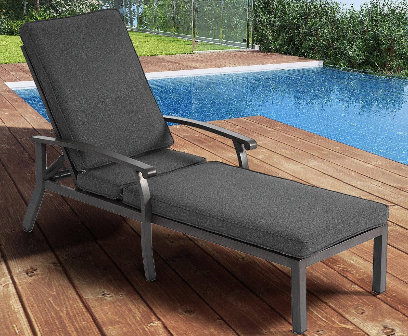 LVHOM Gartenliege Verstellbare Aluminium-Liege mit Kissen, Rostfrei/wasserfest, Verstellbare Rückenlehne (5 Positionen), robustem Aluminium mit Kreuzgeflecht-Konstruktion, wasserdichtes Baumwoll-Polyester-Kissen, 1 St., Rostfrei/wasserfest, für Garten/Terrasse/Pool, Lesen/Filme