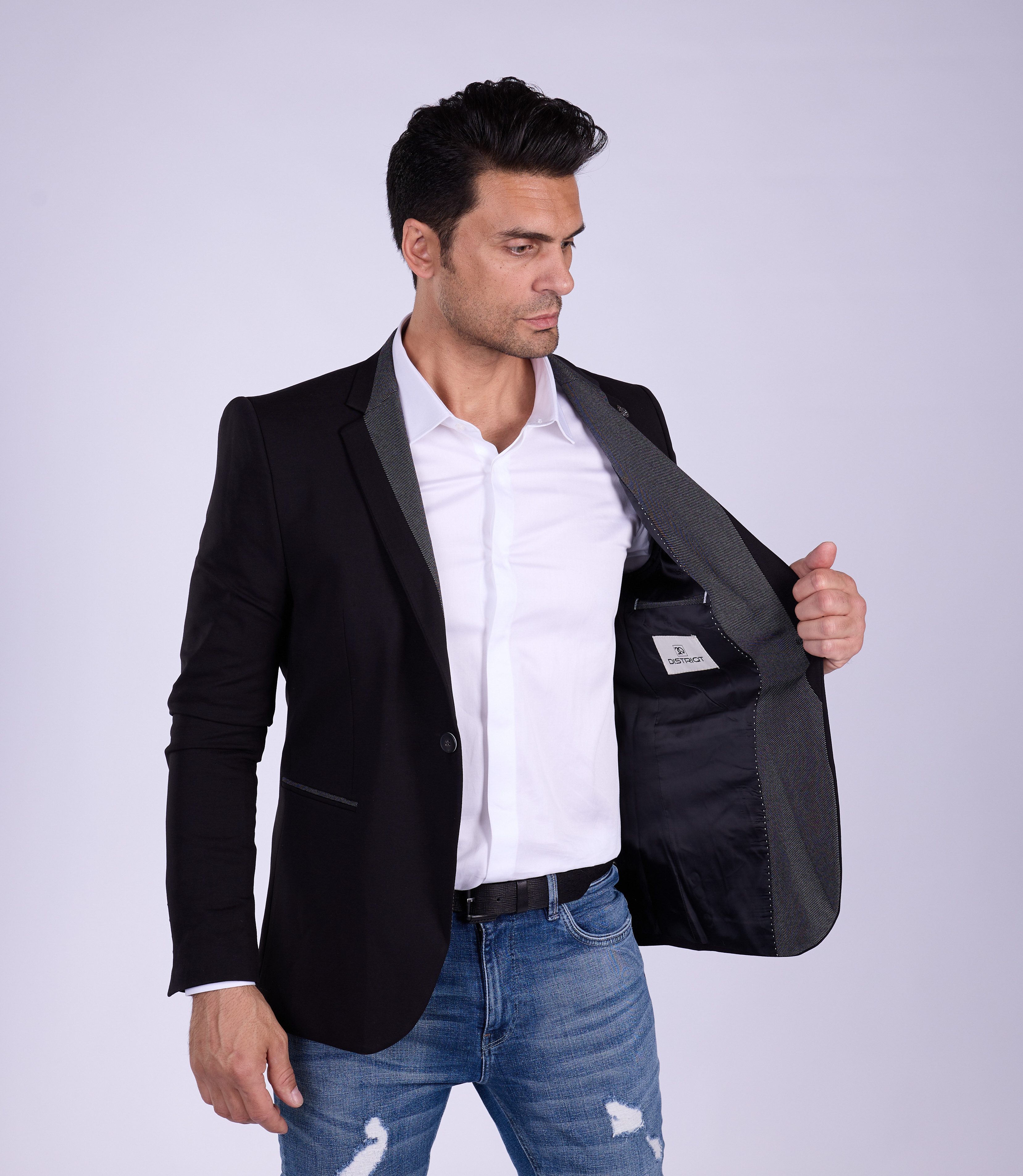 Denim Distriqt Jerseysakko Jersey Sakko mit Jeanskragen Schwarz Gr. 54 ents günstig online kaufen