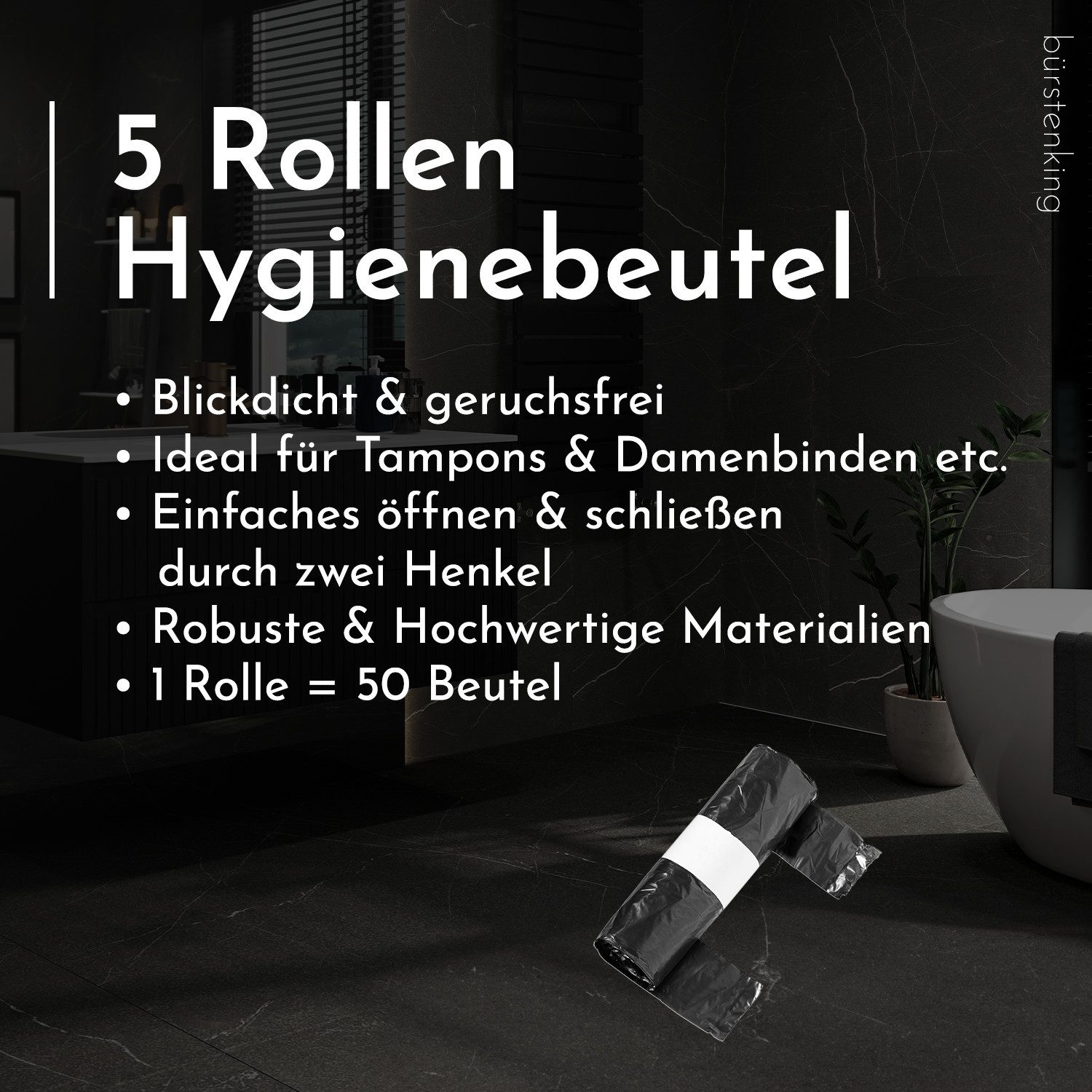 Bürstenking Müllbeutel Hygienebeutel schwarz – blickdicht & geruchsfrei 250 Stück schwarz, Blickdicht, geruchsfrei, Einwegartikel, pro Beutel: ca.650 ml