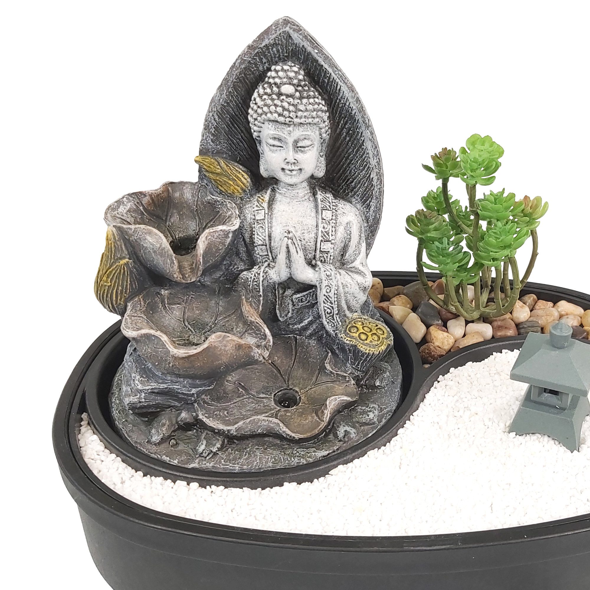 Lemodo Zimmerbrunnen Tischbrunnen mit Zen-Garten, Pumpe mit LED-Beleuchtung