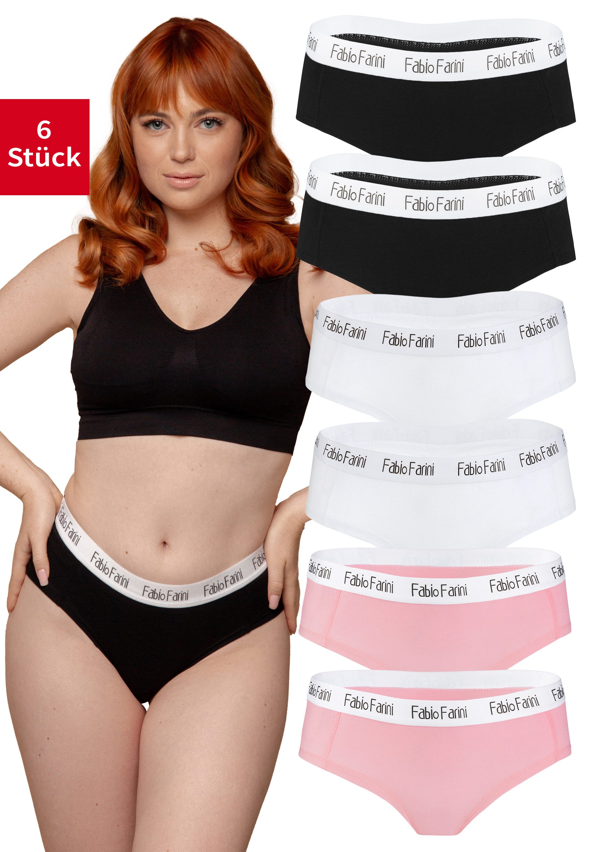 Fabio Farini Slip Damen Unterhosen - Frauen Hipster Panties aus elastischer Baumwolle (Packung, 6-St) im sportlich modernen Look mit Logo-Bund