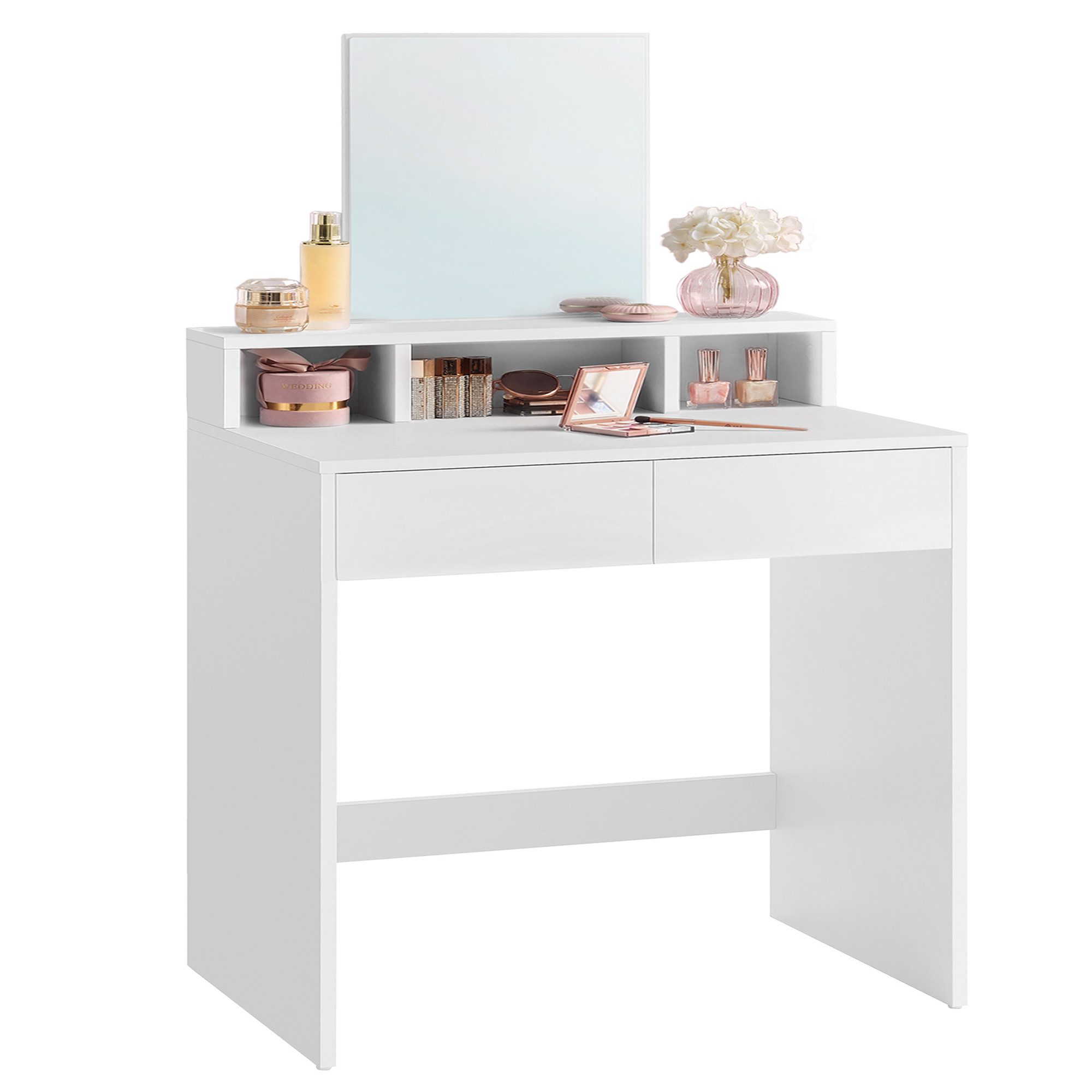 VASAGLE Schminktisch, großem Spiegel, 2 Schubladen, 3 offene Fächer, Modern
