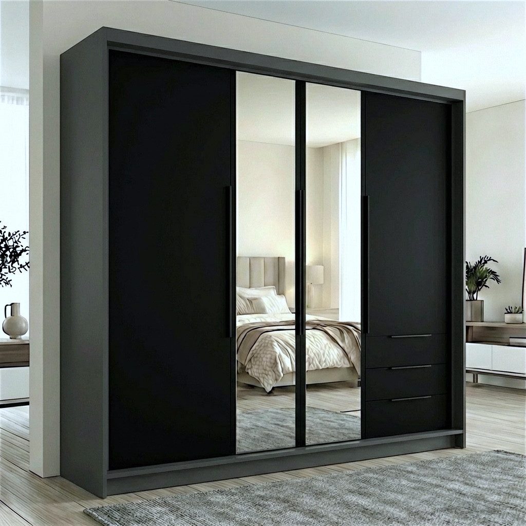 A&J MöbelLand GmbH Drehtürenschrank VIVO mit integrierten Schubladen (Geräumiger vier¬türiger Kleiderschrank mit Schubladen und Metallgriffen. Geräumiger Schrank mit einer Breite von 200 cm und Schubladen, ideal zur Aufbewahrung von Kleidung und Accessoires. Viel Stauraum. TOP PRODUKT! Wählen Sie das ideale Modell für Ihr Schlafzimmer!, TOP ANGEBOT) Breite: 200 cm, Höhe: 215 cm, Tiefe: 59,5 cm