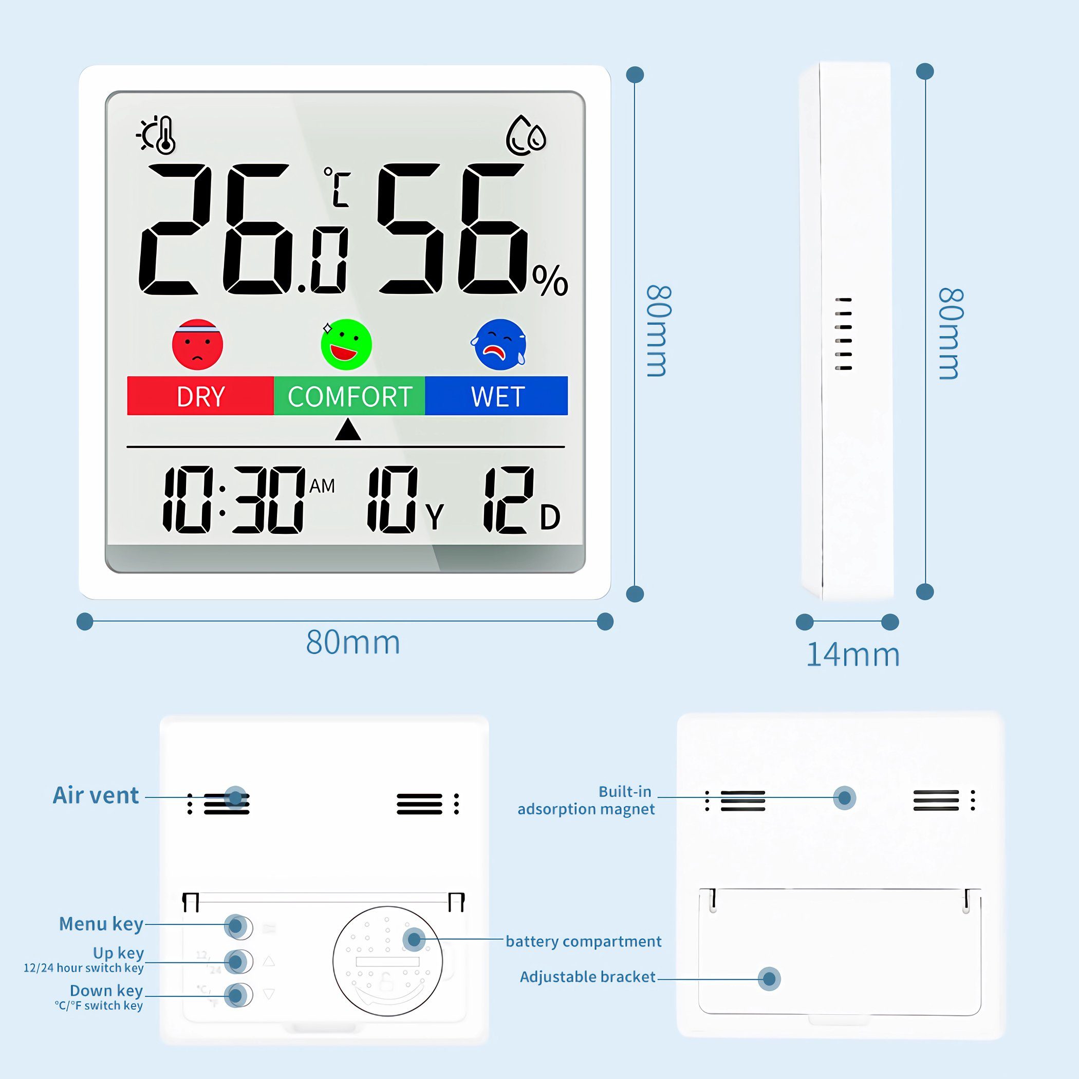 Bolwins Raumthermometer H81C Digital Date Uhr Thermometer Hygrometer LCD Display Klimaanlage, Funk-Wetterstation / Digitales Thermometer & Hygrometer 1-tlg., mit LCD-Display, LCD-Display, Temperatur- & Luftfeuchtigkeitsanzeige