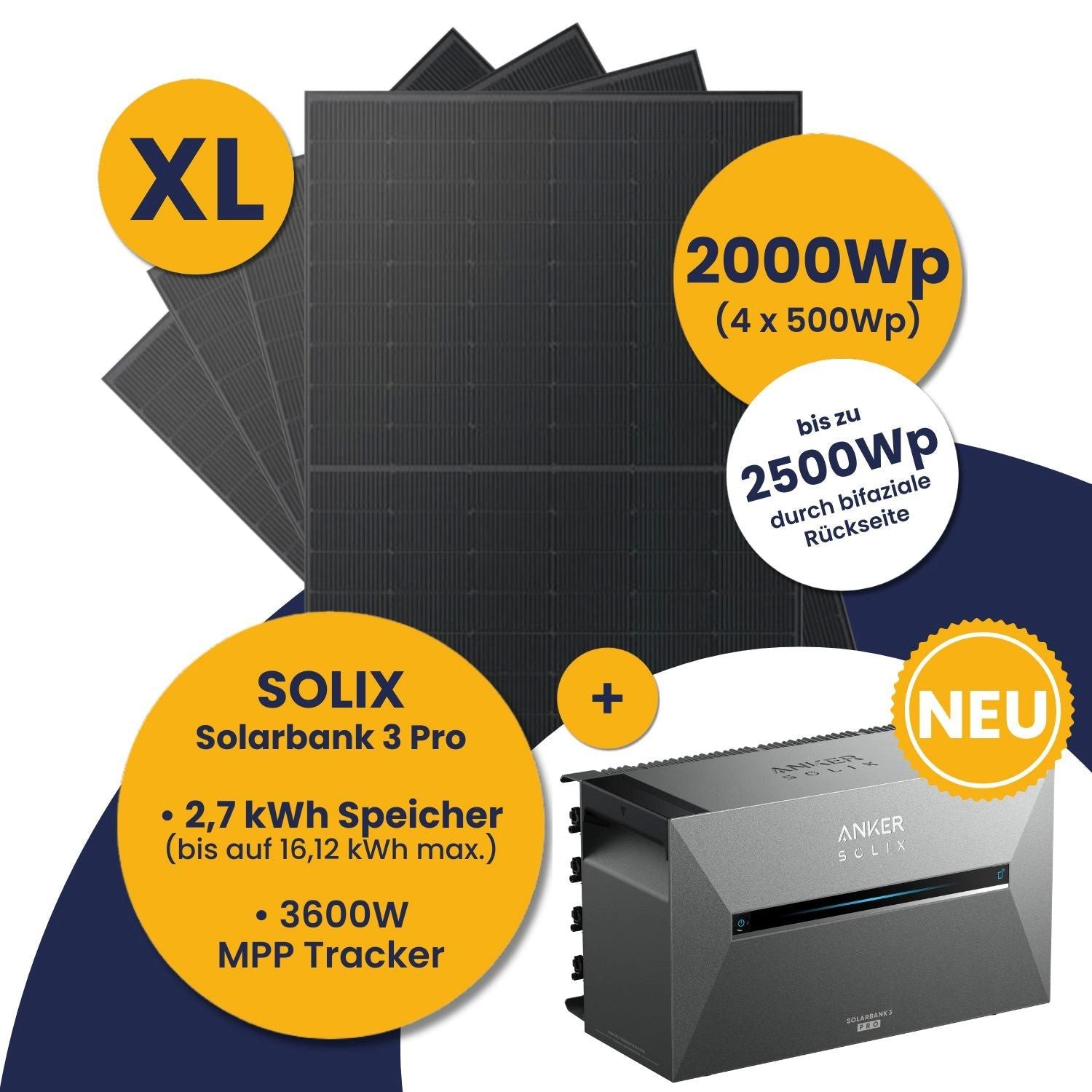 Kleines Kraftwerk Balkonkraftwerk, 2000 W, Monokristallin, (ohne Halterung), 4 x 500W, Anker Solarbank 3 Pro, Wechselrichter