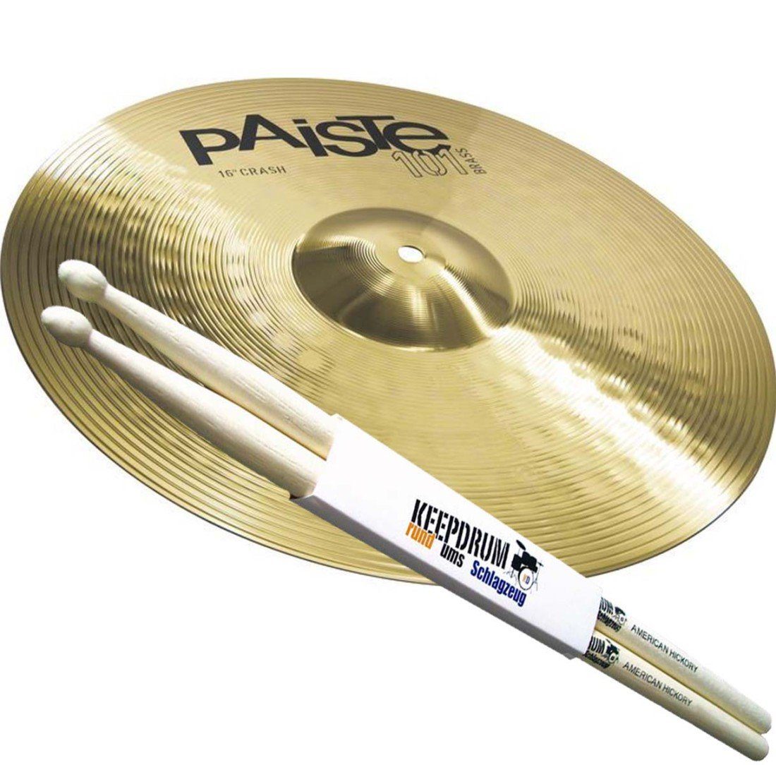 Paiste Schlagzeug Paiste 101 Brass 16 Crash Becken mit 5A Drumticks, mit Drumsticks