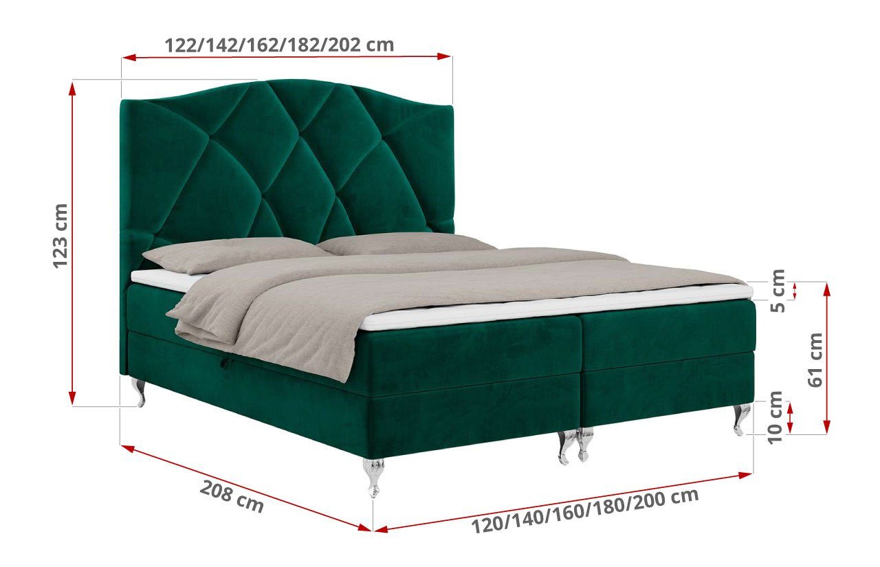 Boxspringbett gestepptem und MKS mit DORAN, Kopfteil Multipocket MÖBEL Matratze Chrombeinen,