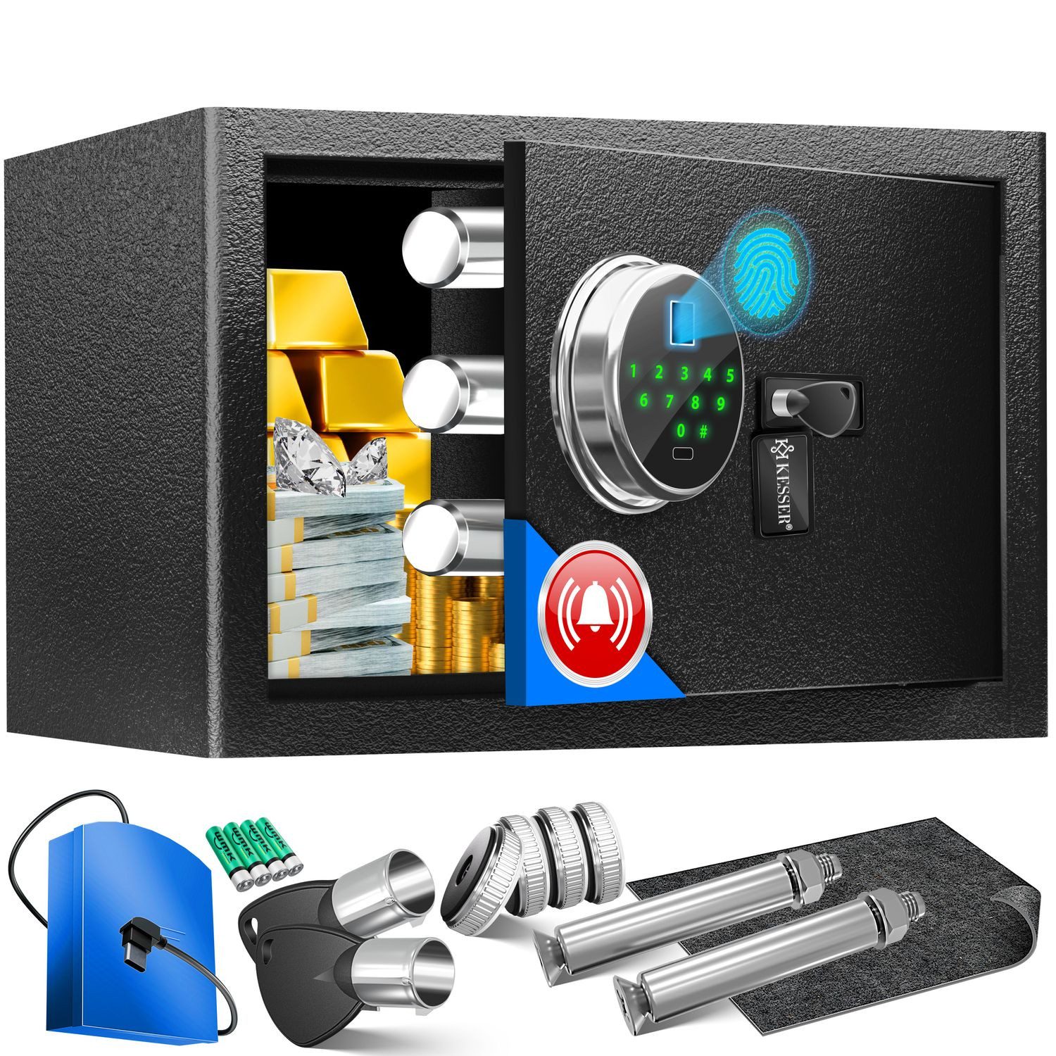 KESSER Tresor mit Fingerabdruck & Schlüssel Elektronischer Safe Möbeltresor (Wandtresor mit Ersatz-Schlüssel, Batterien, Notfall-Akku & Wandbolzen), Boden & Wandmontage 3x Doppelbolzenverriegelung & Zahlenschloss