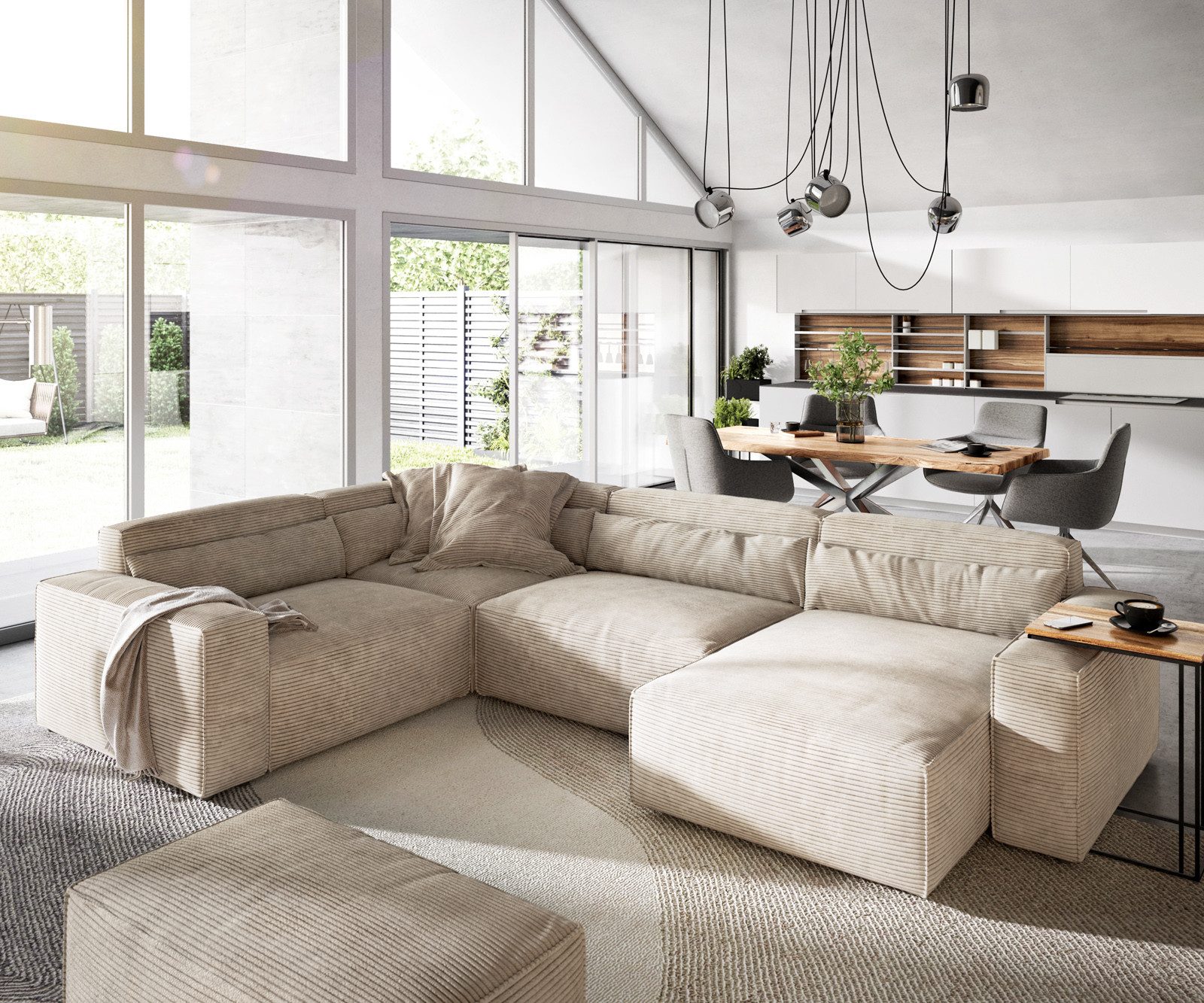 DELIFE Wohnlandschaft Sirpio, Cord Beige 300x210 cm Recamiere variabel mit günstig online kaufen