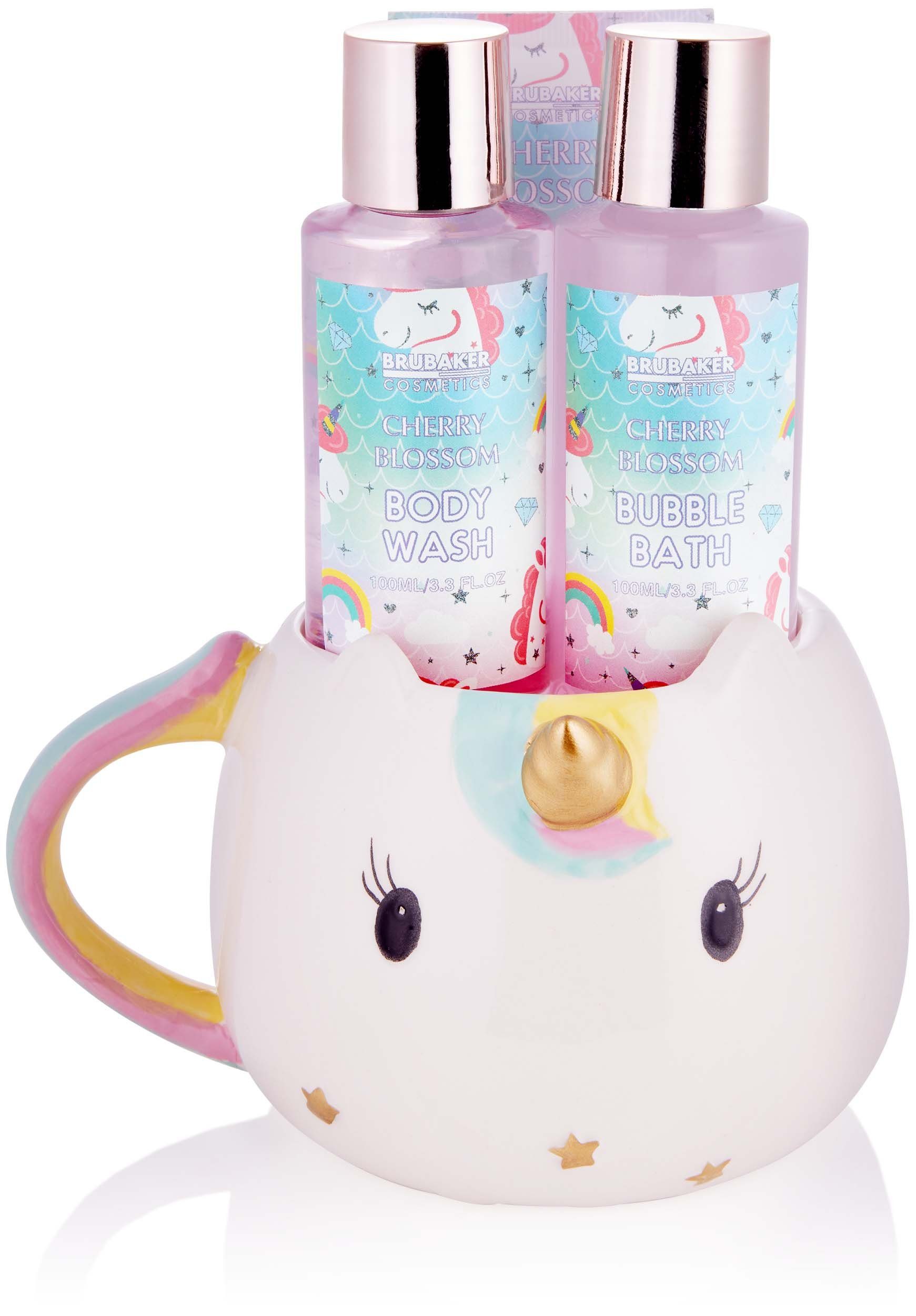 BRUBAKER Pflege-Geschenkset Badeset mit Einhörner, Kirschblüten Duft, Wellness Frauen Set, 4-tlg., Beauty Damen Geschenkset in Einhorn Tasse, Pflegeset