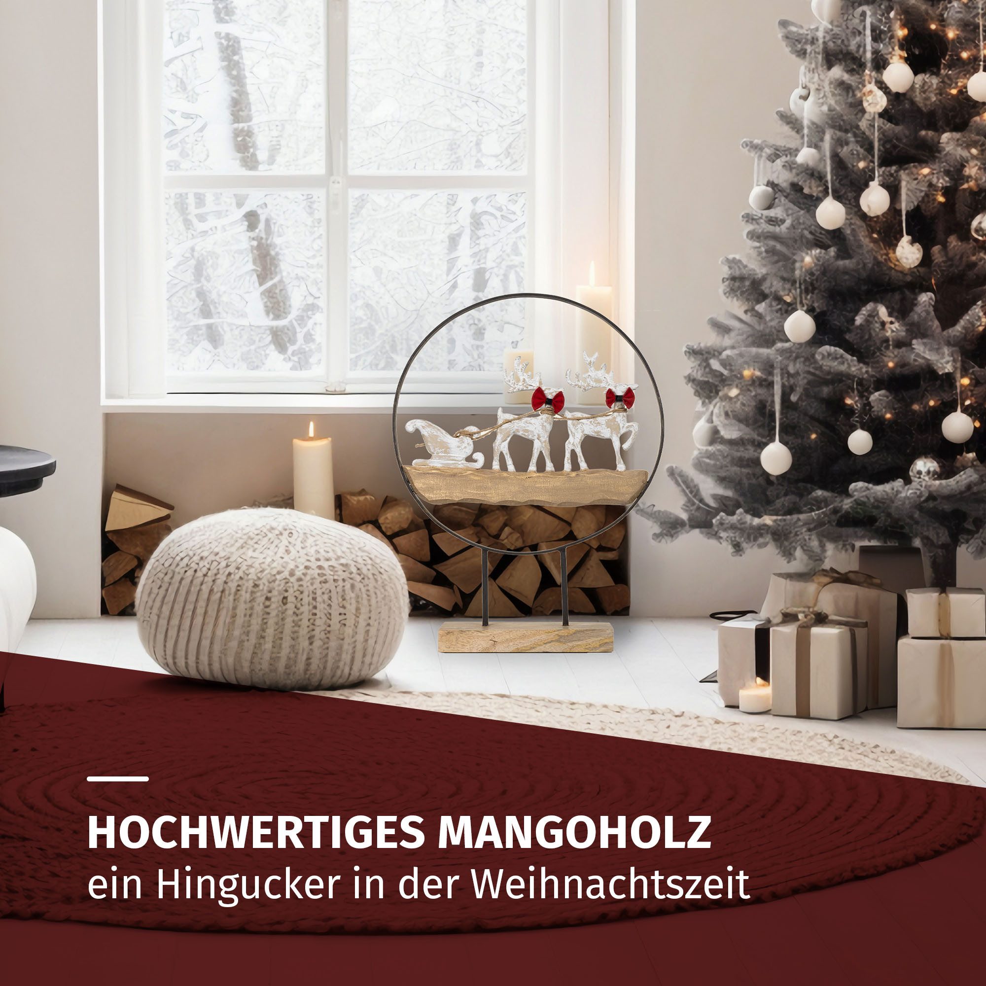 Moritz Skulptur Weihnachtsfigur Rentier mit Schlitten im Metallring 53,5 cm hoch, Holz, Tischdeko, Fensterdeko, Wanddeko, Holzdeko, Weihnachtsdeko