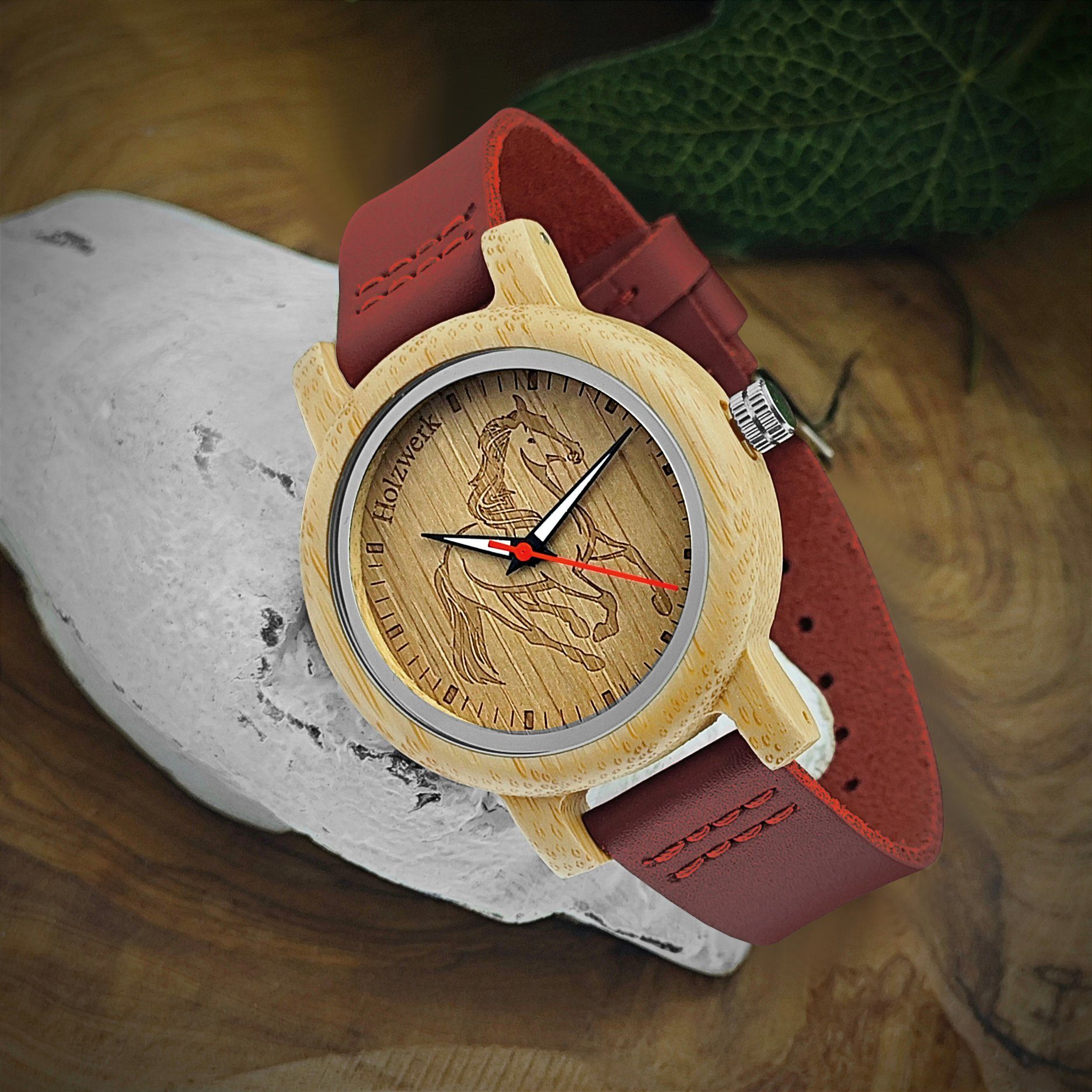 Holzwerk Quarzuhr LIL TORI RED Kinder Leder & Holz Armband Uhr mit Pferd Motiv, rot