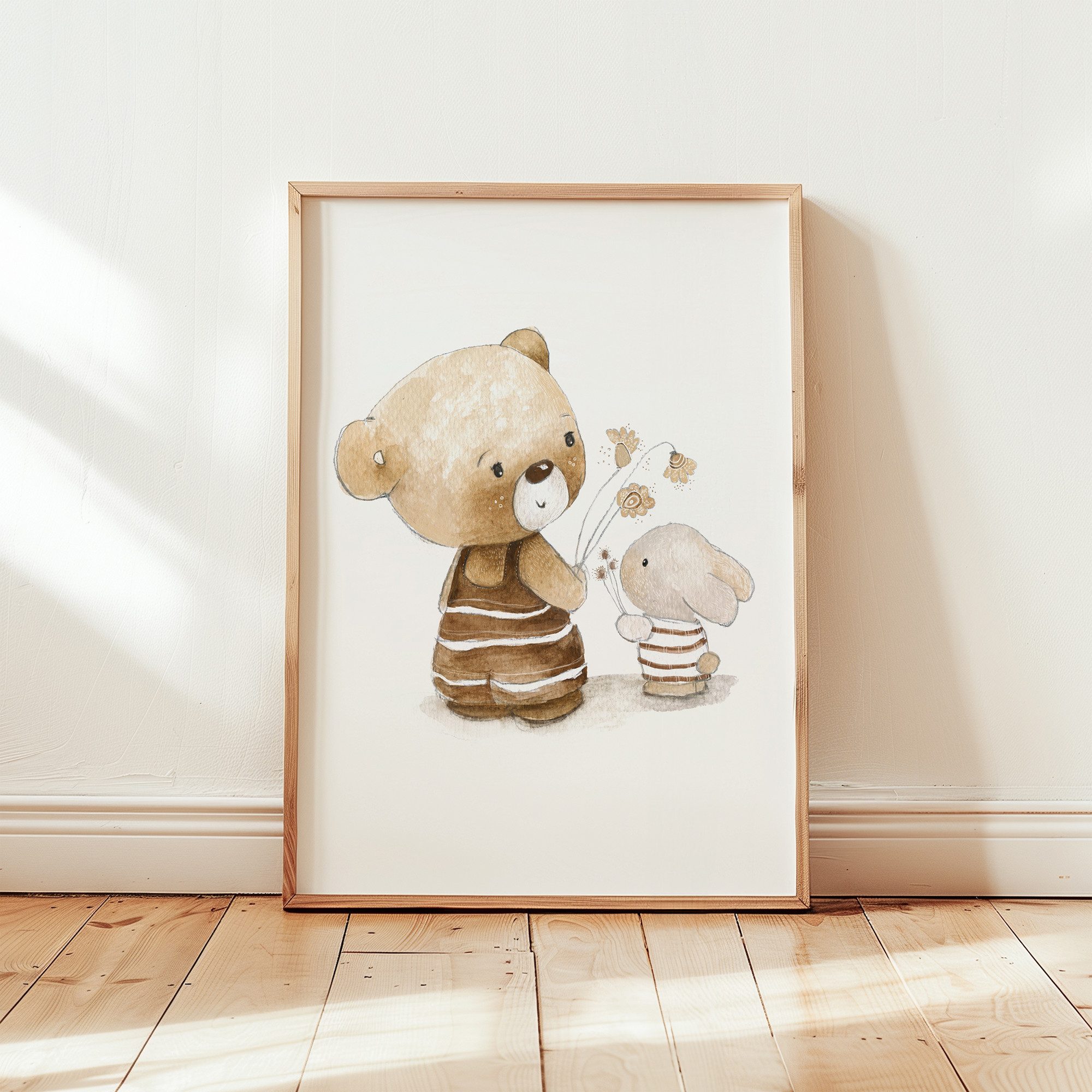 Pipapier Poster Kinderposter "Bär und Hase mit Blumen", Kinderzimmerdeko, Kinderzimmerbild in DIN A4 oder DIN A3