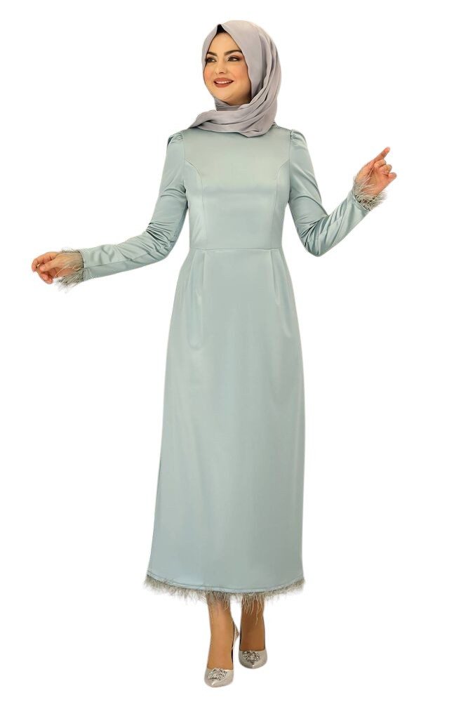 fashionshowcase Satinkleid Damen Abendkleid schlicht Abiye Abaya Modest Fashion Federdetails am Saum und an den Ärmelabschlüssen