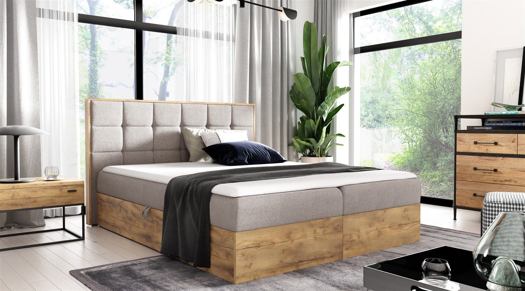 DB-Möbel Boxspringbett Boxbett Schlafzimmerbett KATALITIO in Stoff Faro (auch in Überlänge erhältlich, inkl. Kaltschaumtopper und Bettkästen), Inkl. Topper