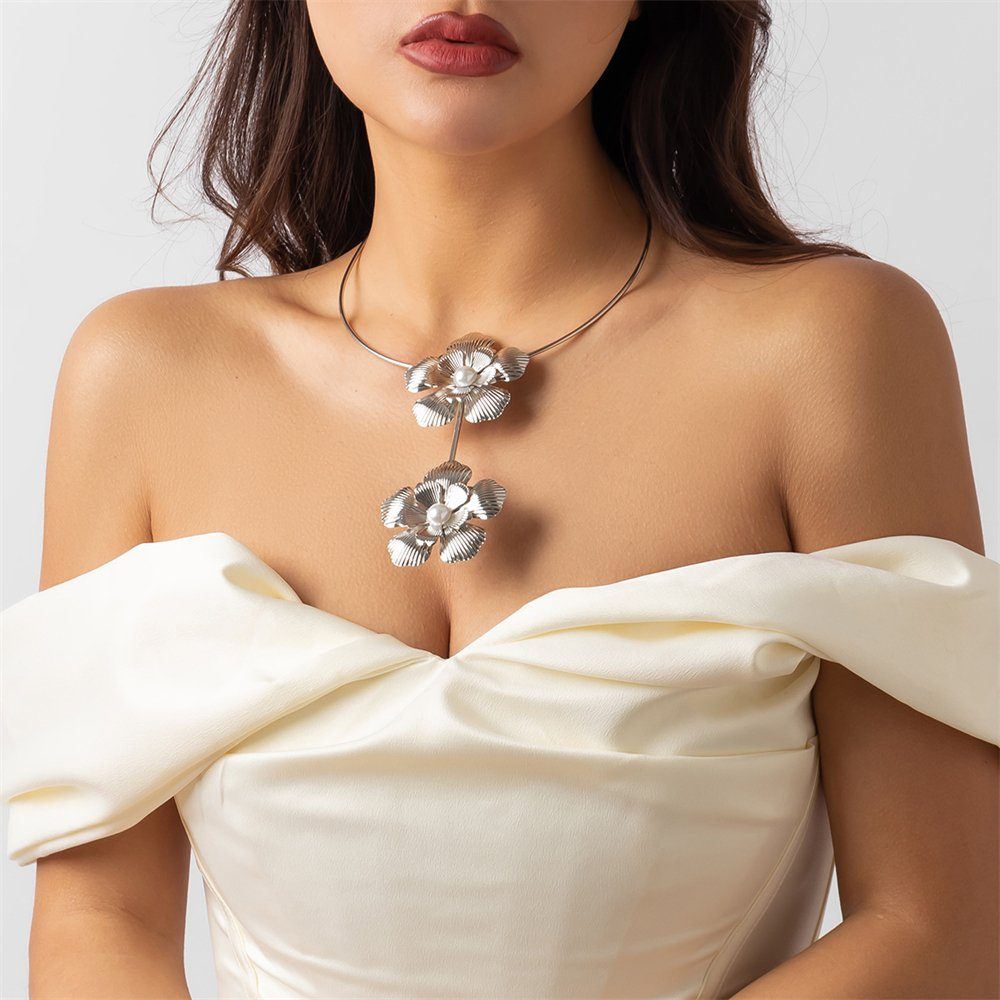 Silberfarben Damen-Halskette, 3D-Blumen-Party-Halskette Choker Rouemi