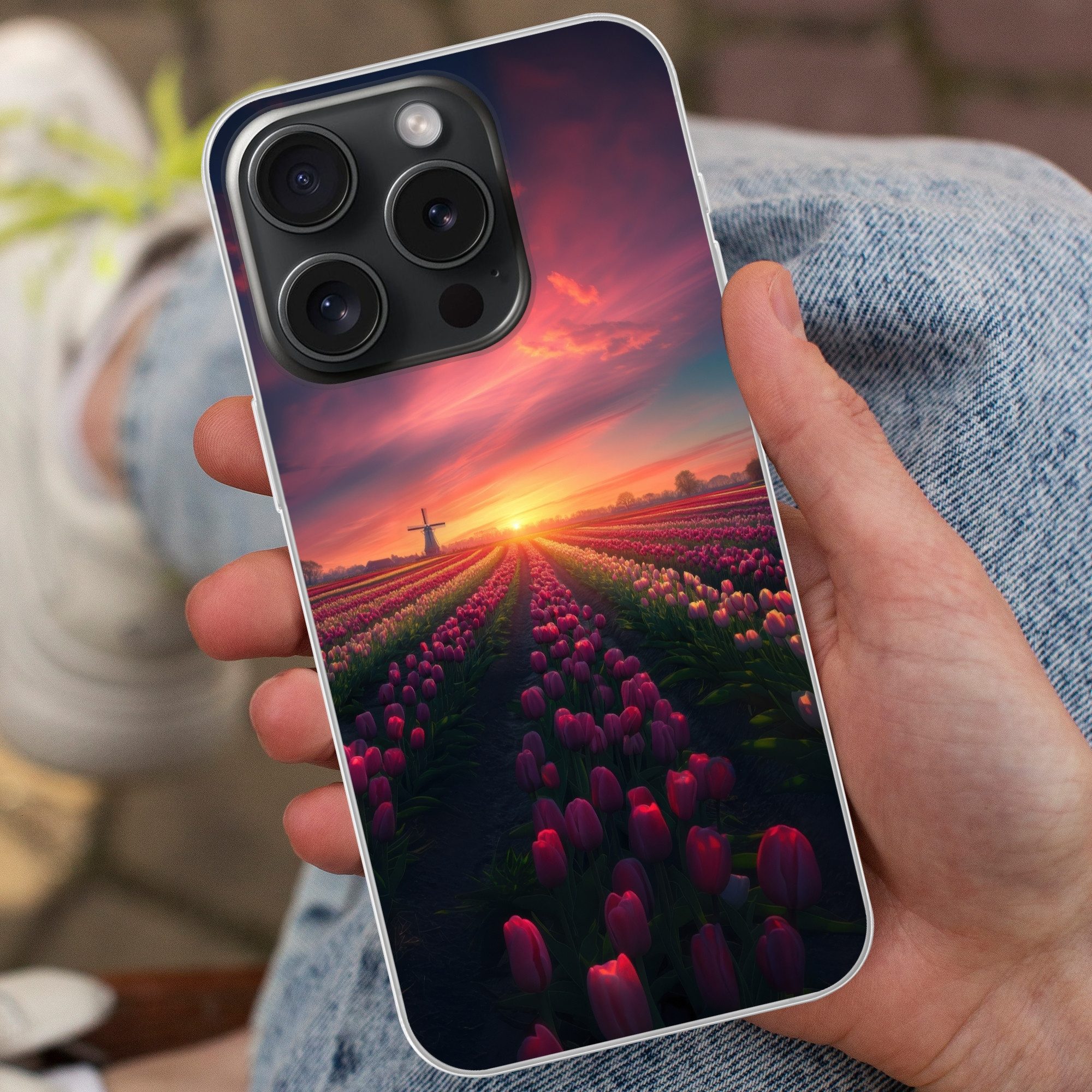 MuchoWow Handyhülle für Apple iPhone 15 Pro Windmühle - Sonnenuntergang - Landschaft, Smartphone-Bumper, Print, Handy Schutzhülle Dünn