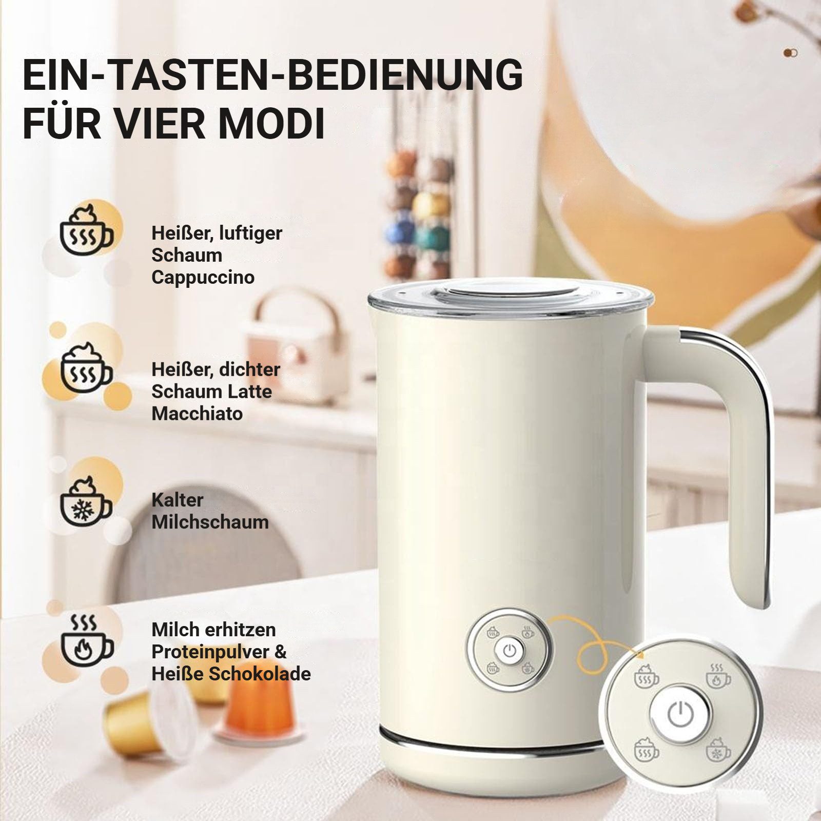 Tekoo Milchaufschäumer Elektrischer Milchaufschäumer 4-in-1, 500W, Edelstahl, 240ml Erhitzer, 500 W, Abschaltautomatik, BPA-frei, Antihaft, Latte Art Design