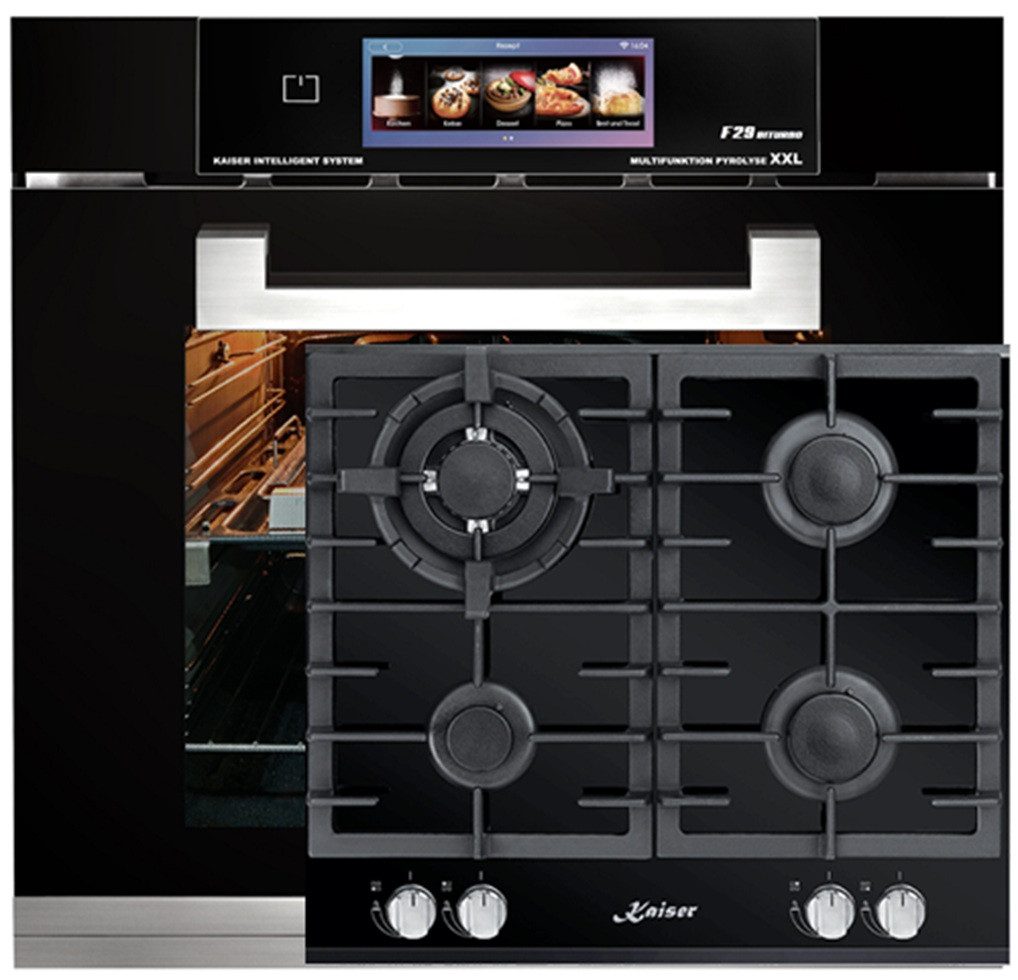 Kaiser Küchengeräte Backofen-Set Herd Set Autark Multifunktions-Elektro-Backofen mit Pyrolise und Dampfreinigung, TFT Display, 60cm, 86L+Gas-Kochfeld 60 cm EH 6344 N+KCG 6380., mit 1-fach-Teleskopauszug