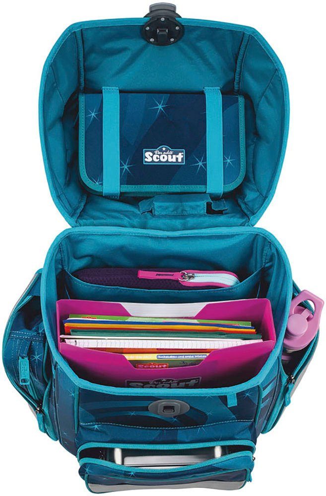 Scout Schulranzen Genius LED, Heaven (Set, 4-tlg), mit LED-Blinklicht & 2 Funny Snaps; enthält recyceltes Material