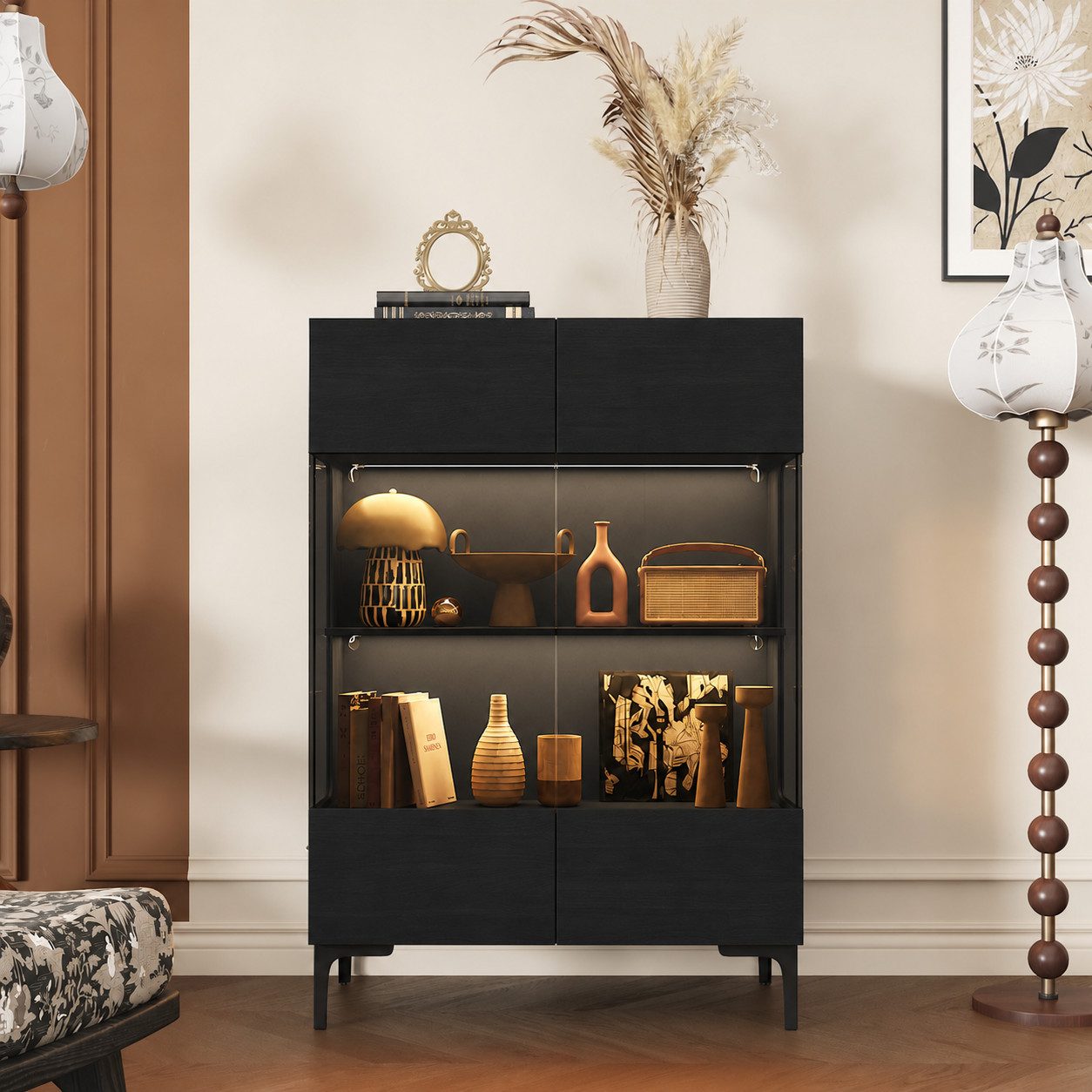 FUFU&GAGA Glasvitrine 115cm hoch, Vitrinenschrank mit LED und Glastüren