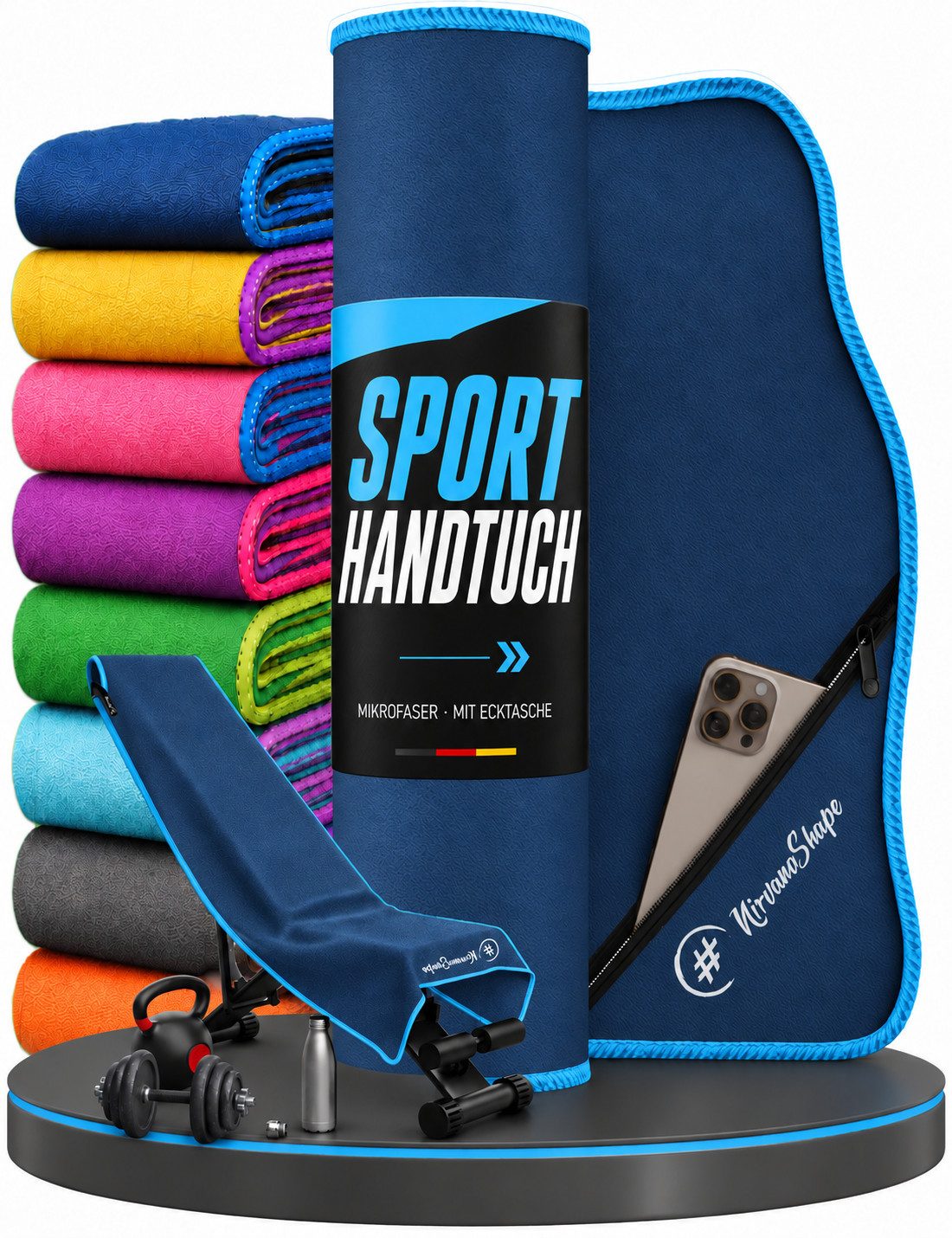 NirvanaShape Sporthandtuch NirvanaShape Mikrofaser Fitnesshandtuch mit Ecktasche und Knöpfen, saugfähig, leicht, schnelltrocknend, für Reisen, Fitness, Yoga, Sauna