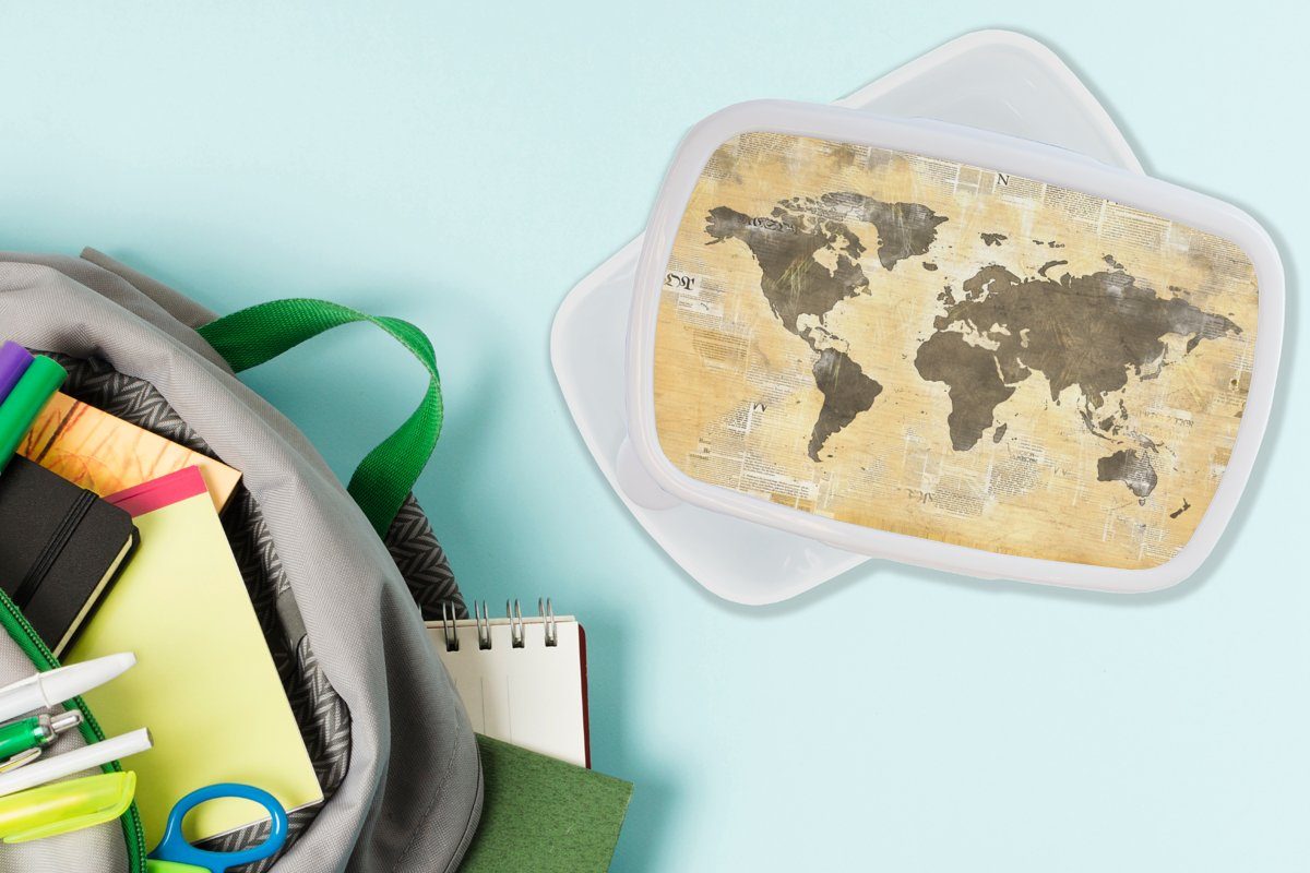 Erwachsene, für Zeitung weiß MuchoWow - und (2-tlg), Brotdose, Gold, Kunststoff, für Kinder Lunchbox und Jungs Brotbox - Mädchen Weltkarte