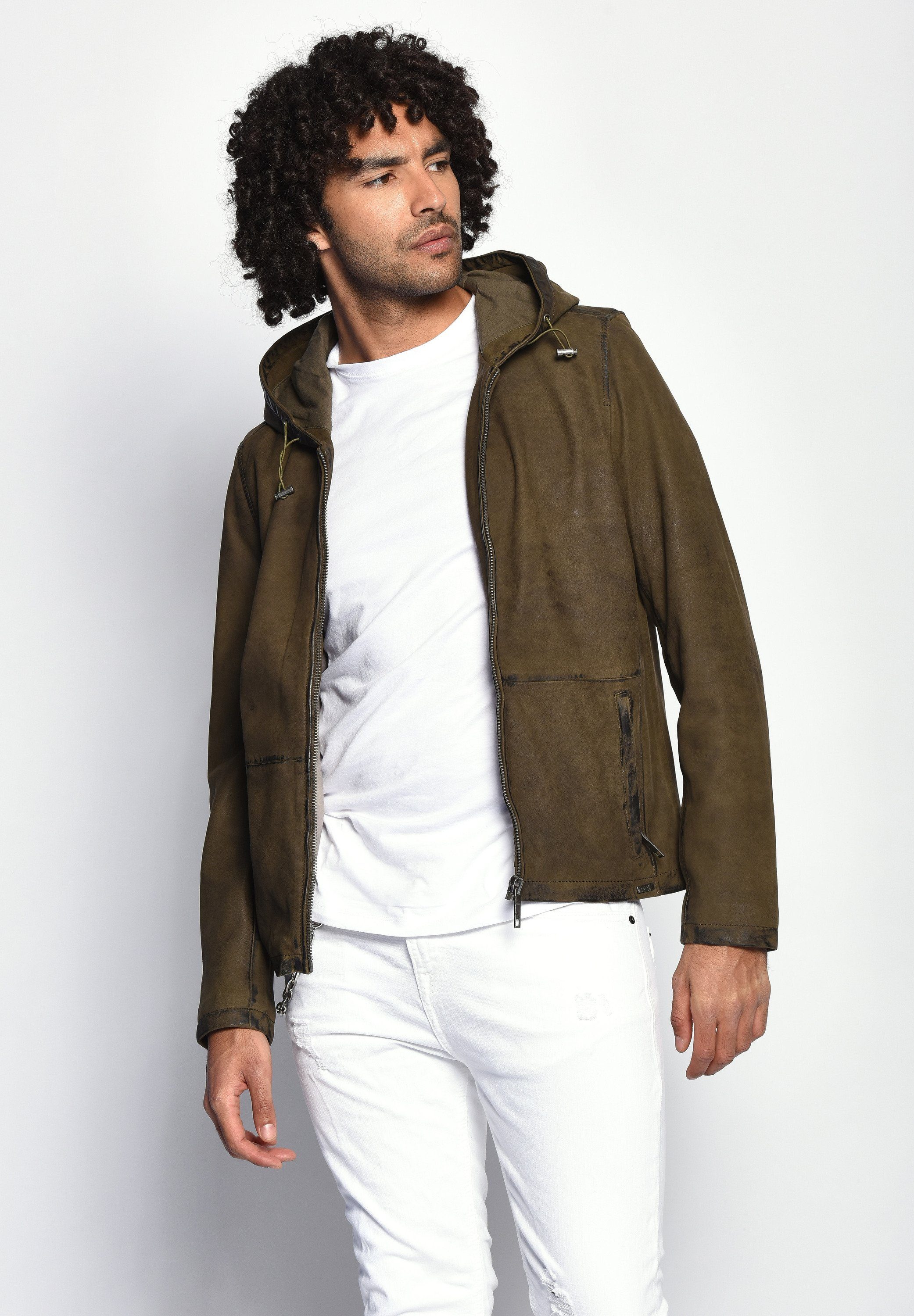 olive Lederjacke Maze Baton