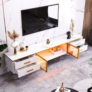 HAUSS SPLOE TV-Schrank TV-Lowboards TV Schrank Fernsehschrank TV-Tisch (Fernsehschrank TV-Lowboard Sideboard Beistellschrank modern, mit 4 Strukturierte Schubladen 4 Füßen) mit Goldenen Griffen und zwei Braune Türen aus Gehärtetem Glas