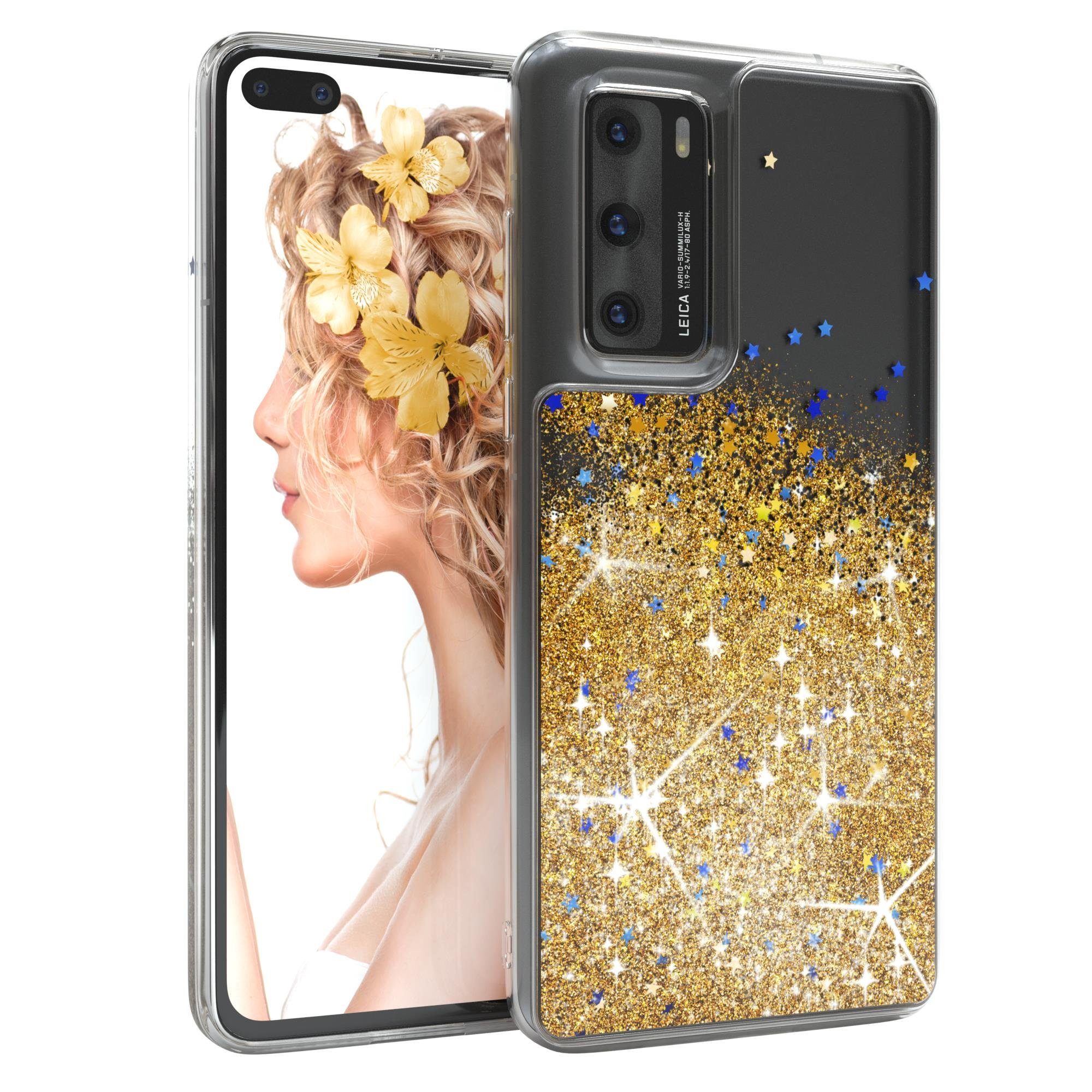EAZY CASE Handyhülle Liquid Glittery Case für Huawei P40 6,1 Zoll, Durchsichtig Back Case Handy Softcase Silikonhülle Glitzer Cover Gold