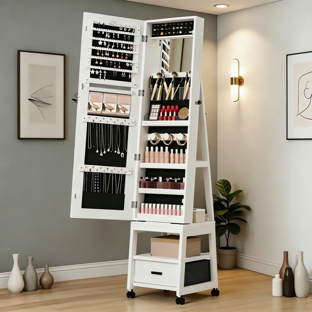 GarveeMore Schmuckschrank Großer Schmink- und Ganzkörperspiegel mit LED-Licht (3 Farben) (1-St) inkl. Sicherheitsschloss & 360° Rollen, 37×38×168 cm, weiß