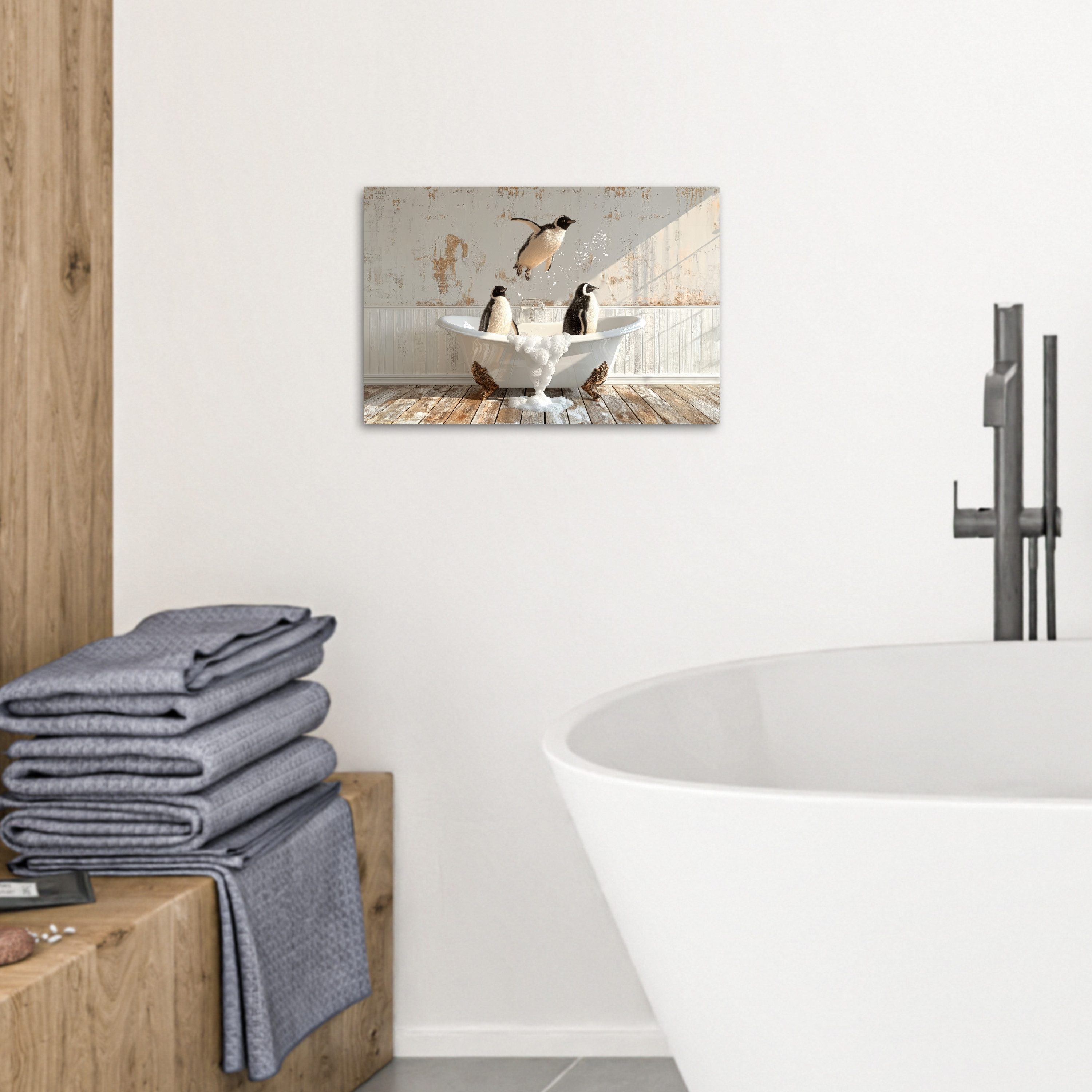 OneMillionCanvasses® Leinwandbild Weinlese - Pinguin - Badewanne - Schaumstoff, Fotodruck (1 St), Bilder für Badezimmer, Bad und Toiletten Deko, Bild WC 30x20 cm