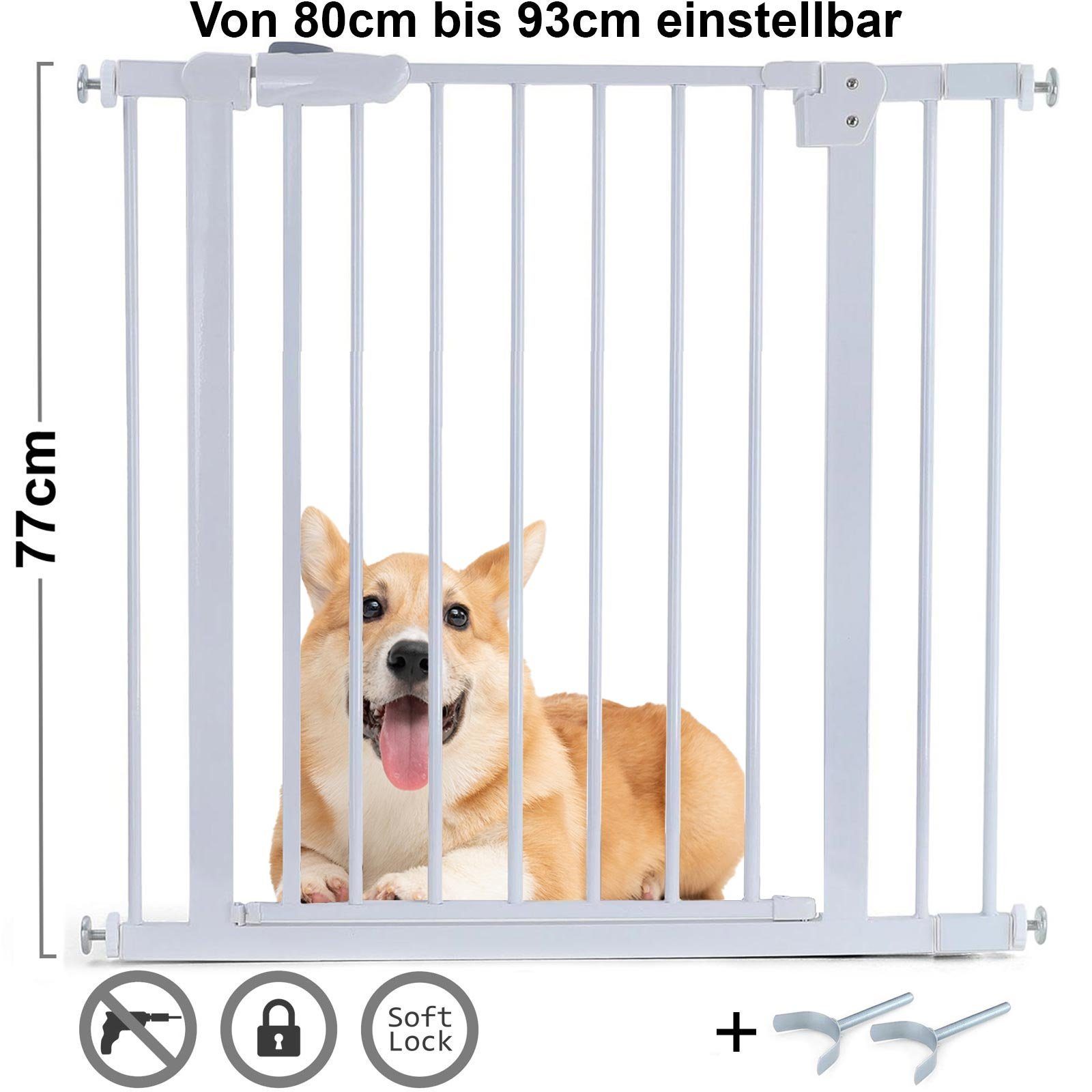 RAMROXX Treppenschutzgitter Absperrgitter Treppenschutz Metall weiß + Y Halter 80 -93cm 77cm