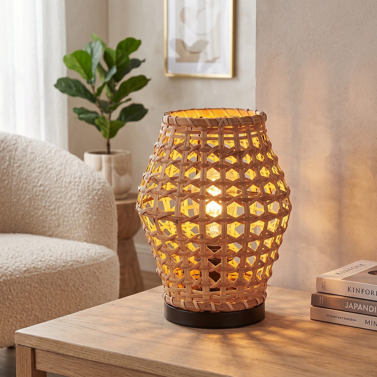 hofstein Tischleuchte Tischlampe aus Metall/Rattan in Schwarz/Natur im Vintage/Boho-Design, ohne Leuchtmittel, Tischlampe mit Lichteffekt und Schalter am Kabel, Höhe 29,5 cm, E27