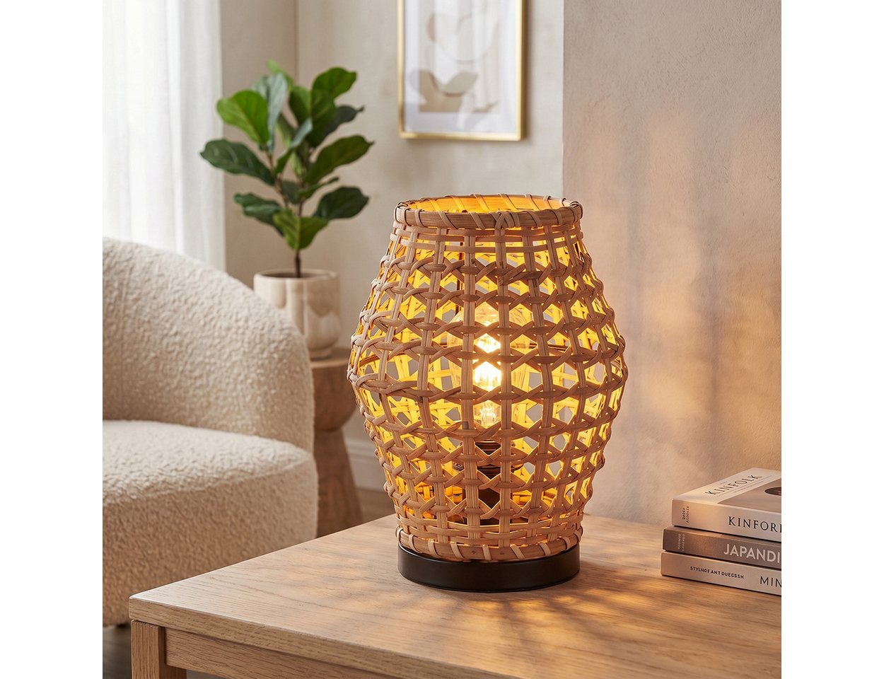 hofstein Tischleuchte Tischlampe aus Metall/Rattan in Schwarz/Natur im Vintage/Boho-Design, ohne Leuchtmittel, Tischlampe mit Lichteffekt und Schalter am Kabel, Höhe 29,5 cm, E27
