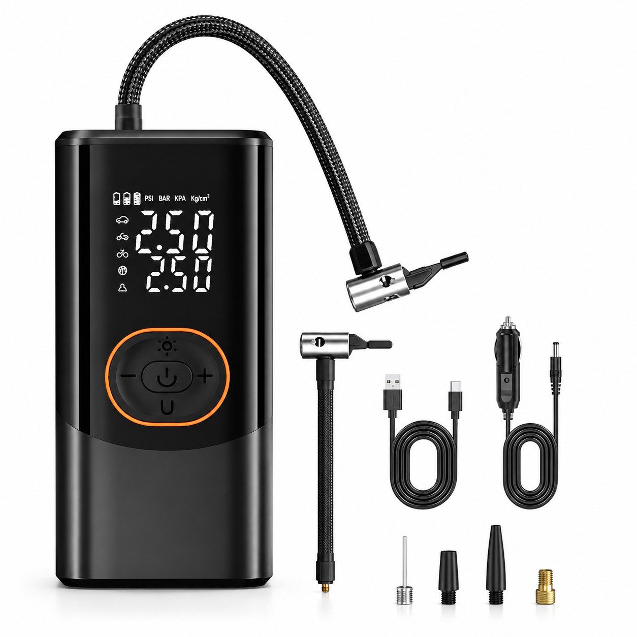 Tekoo Akku-Luftpumpe Akku-Kompressor: Tragbare elektrische Luftpumpe für Auto & Fahrrad (Einsatzbereites Komplett-Set, komplettes Set mit Ladekabeln und 4 Ventiladaptern), SOS-Notlichtfunktion