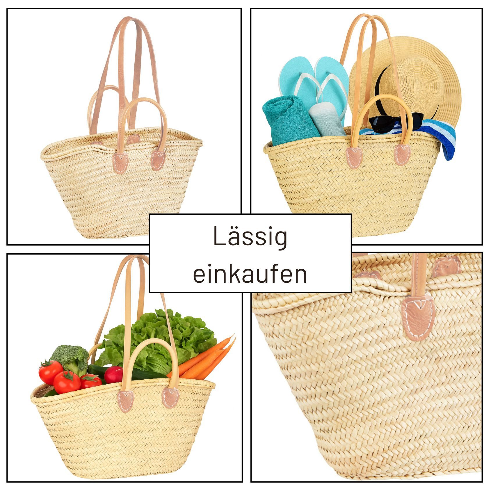 Marrakesch Orient & Mediterran Interior Korbtasche Cesta Natur - Strandtasche Korbtasche 55cm aus Palmblatt & Leder (1-tlg), Handarbeit