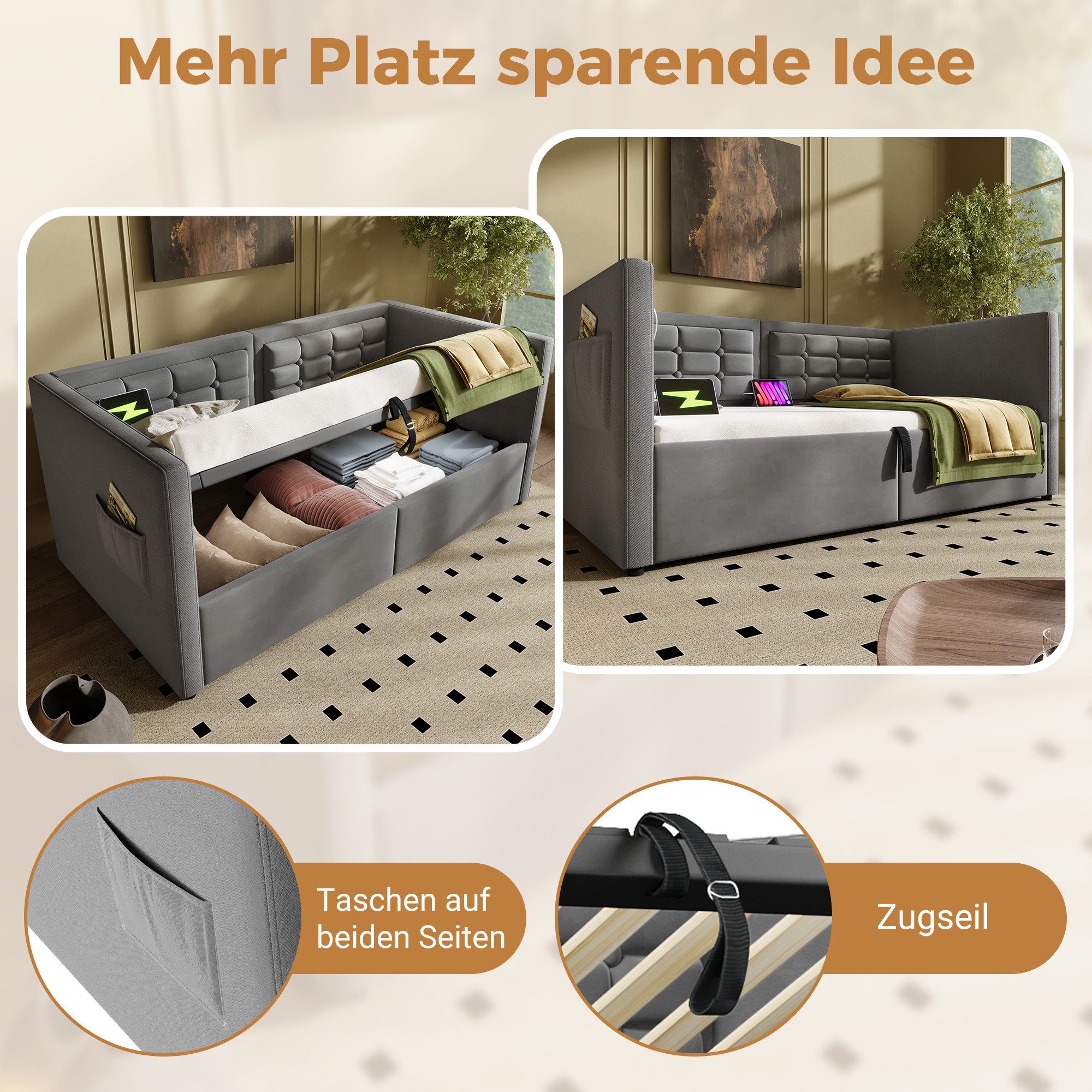 STILVORA Schlafsofa mit Bettkasten,Polsterbett 90x190 mit Stauraum,Jugendbett mit USB-C, Sofabett, Polstersofa, Einzelbett 1 Teile, mit USB & Type-C Ladestation