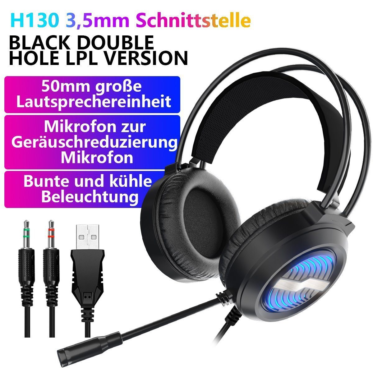 AUKUU Gaming-Headset,Bunte LED-Beleuchtung, USB-Kabel Gaming-Headset