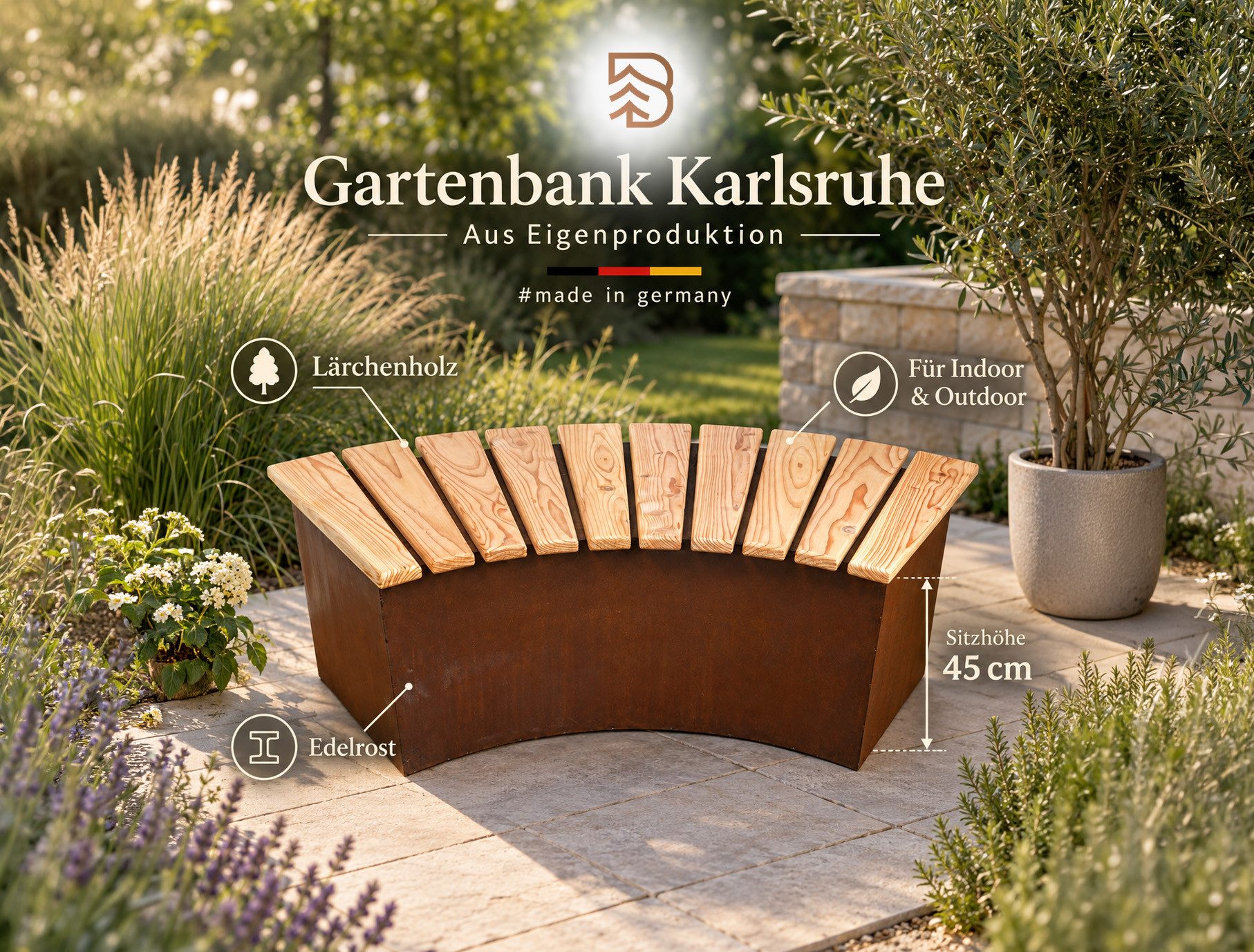 BADEKO Gartenbank Gartenbank Karlsruhe aus Lärchenholz und Edelrost/Cortenstahloptik