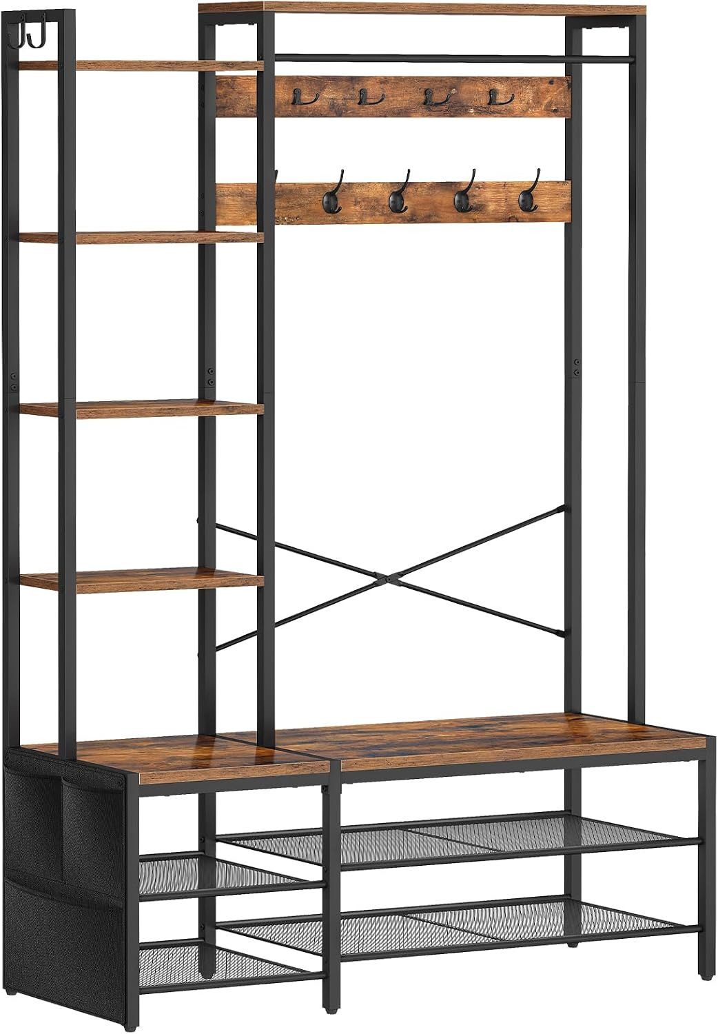 Hoobro Garderobenständer Garderobe mit Schuhregal und Sitzbank 9 Doppelhaken, 2 Seitenhaken, (1 Garderobenständer mit Schuhregal, Sitzbank, Haken, Ablagen und Seitentasche)