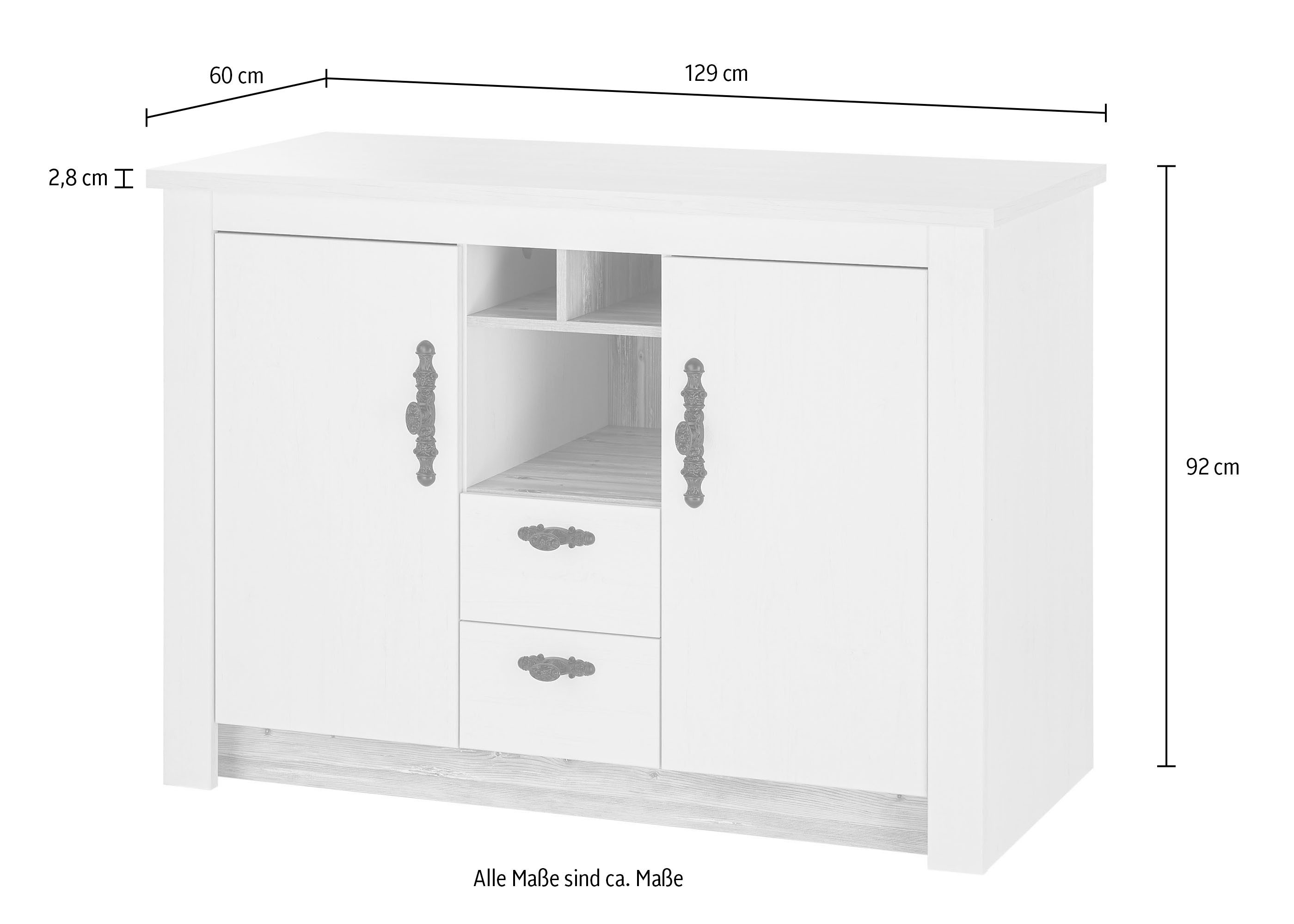 Home affaire Florence kitchen unit, kitchen in pine white, with hob housing, without appliances, (set), width 394 cm, with ornate metal handles, working height 92 cm